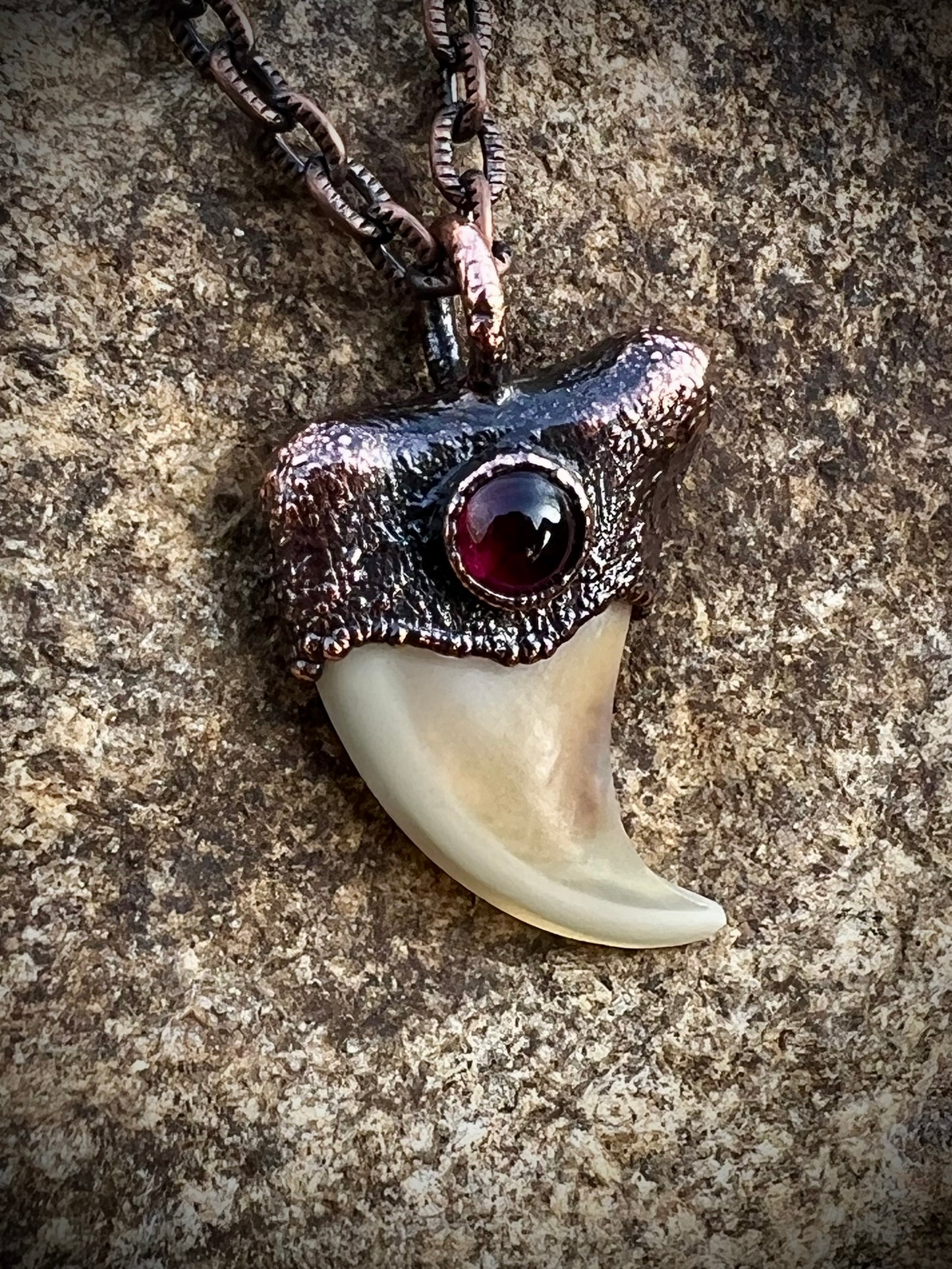 Cougar Claw with Garnet - Copper Electroformed Necklace