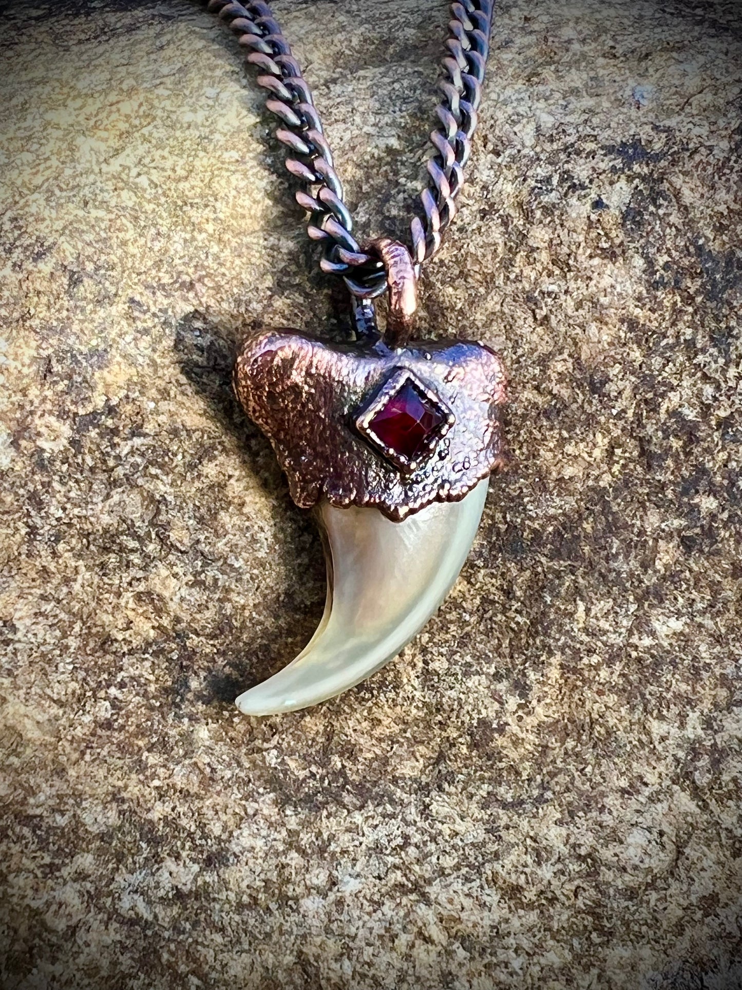 Cougar Claw with Garnet - Copper Electroformed Necklace