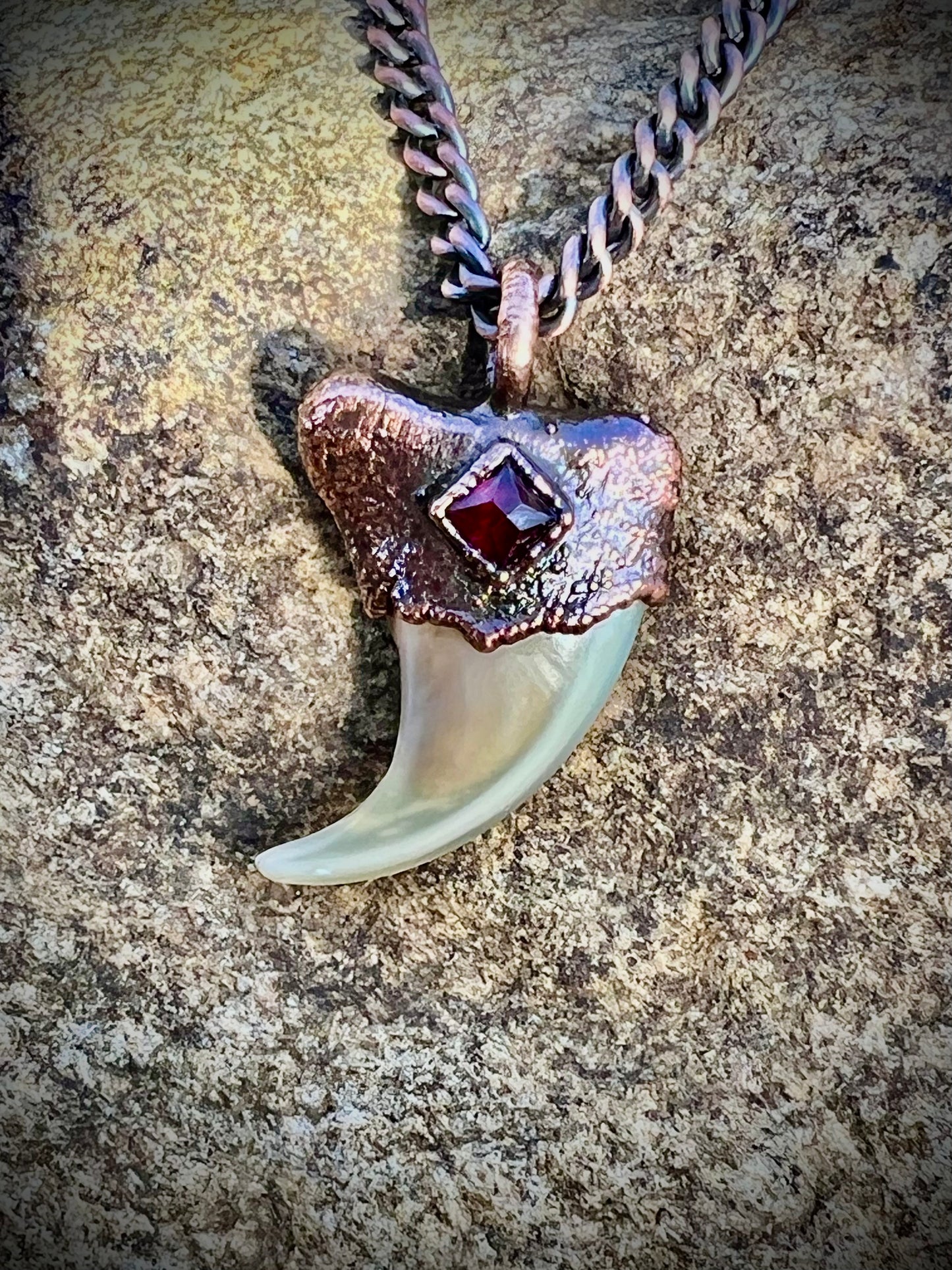 Cougar Claw with Garnet - Copper Electroformed Necklace