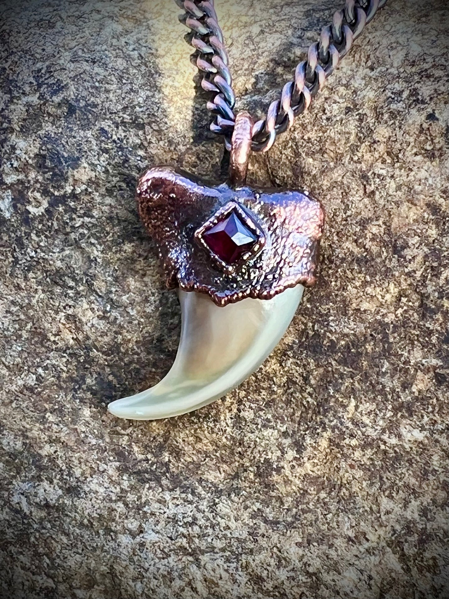 Cougar Claw with Garnet - Copper Electroformed Necklace