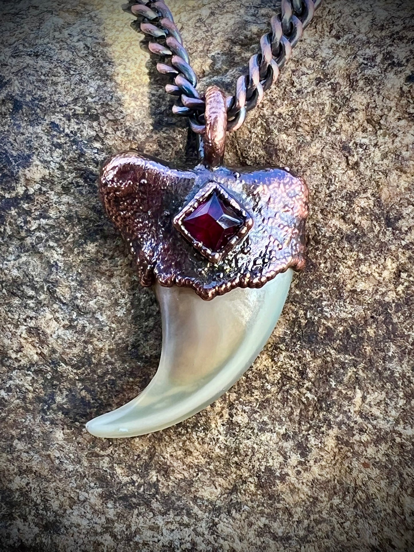 Cougar Claw with Garnet - Copper Electroformed Necklace