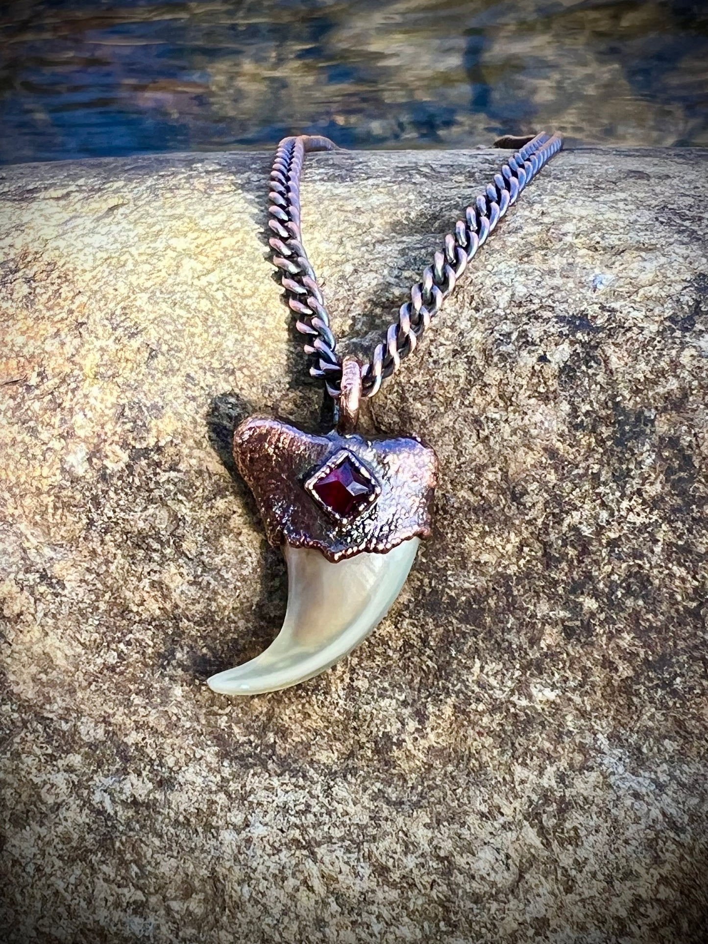 Cougar Claw with Garnet - Copper Electroformed Necklace