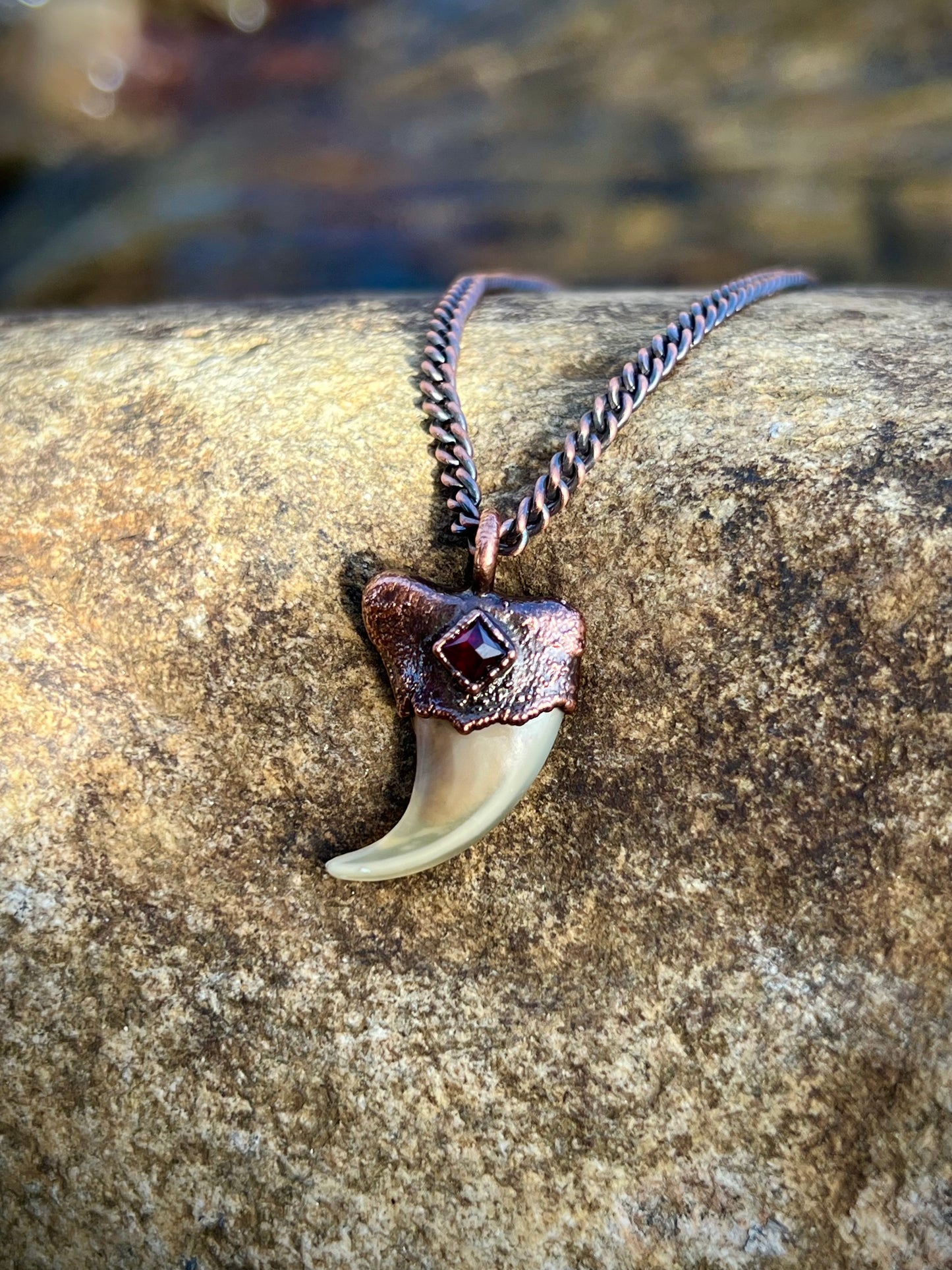 Cougar Claw with Garnet - Copper Electroformed Necklace