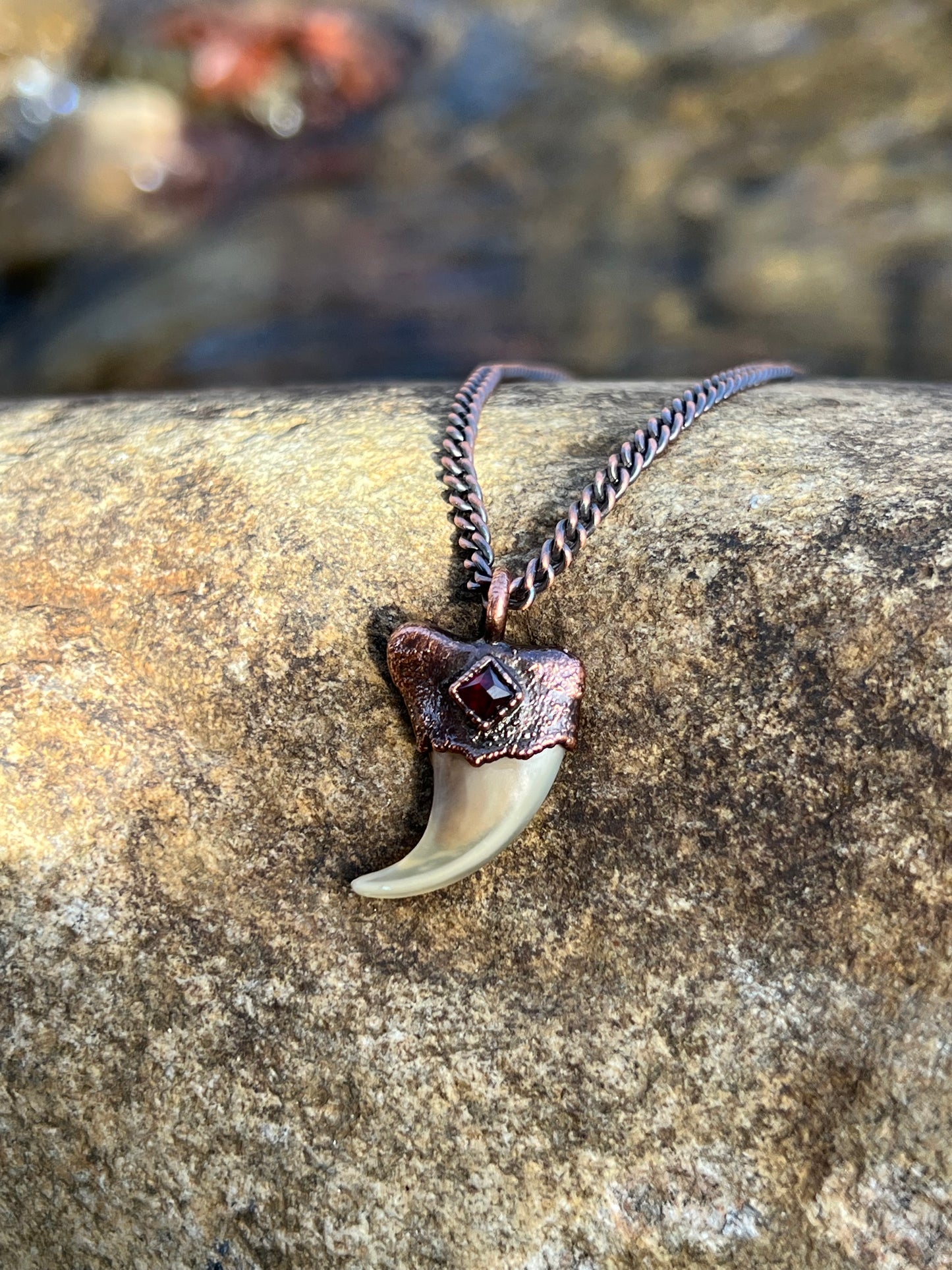 Cougar Claw with Garnet - Copper Electroformed Necklace