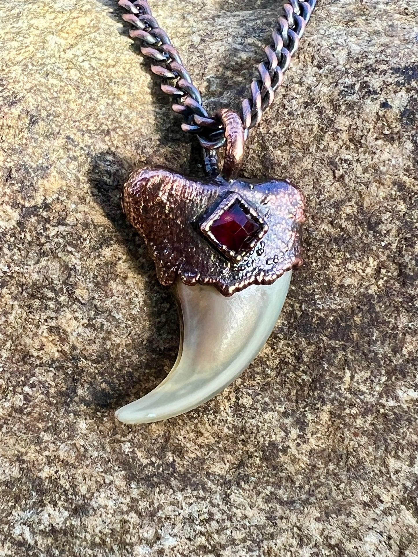 Cougar Claw with Garnet - Copper Electroformed Necklace