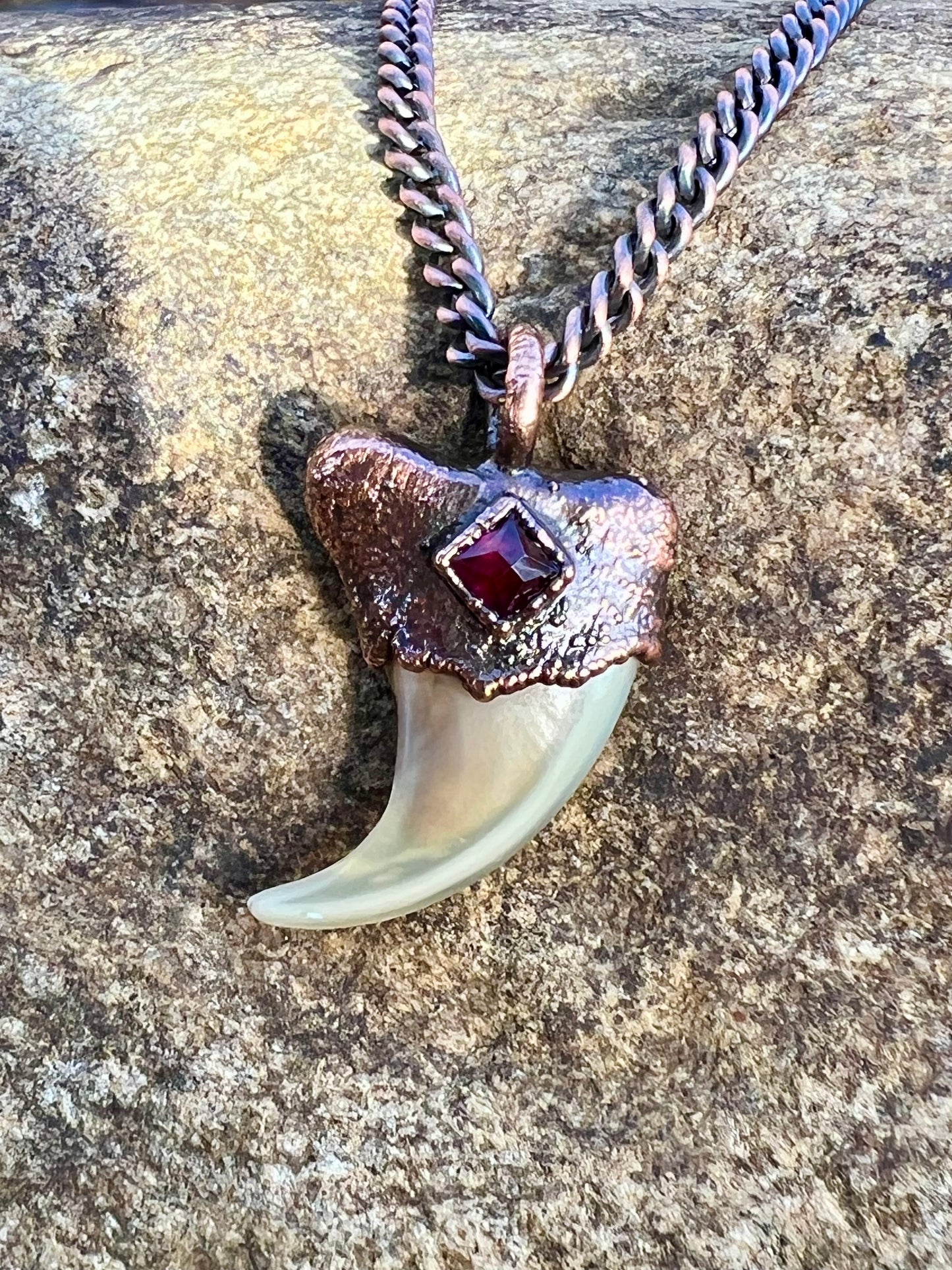 Cougar Claw with Garnet - Copper Electroformed Necklace