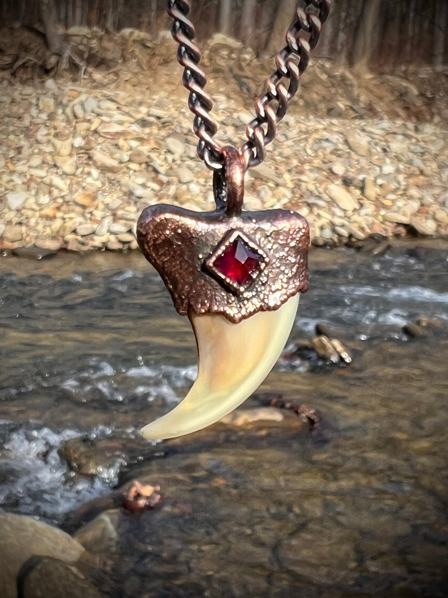 Cougar Claw with Garnet - Copper Electroformed Necklace