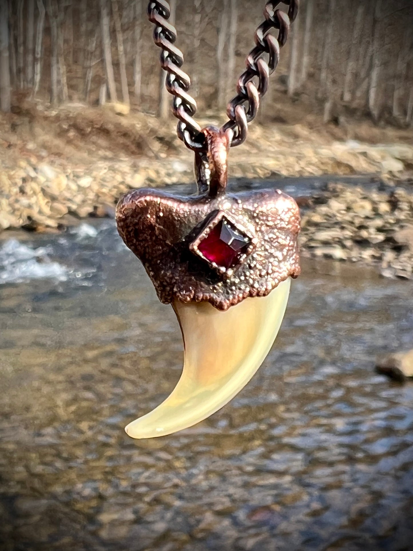 Cougar Claw with Garnet - Copper Electroformed Necklace