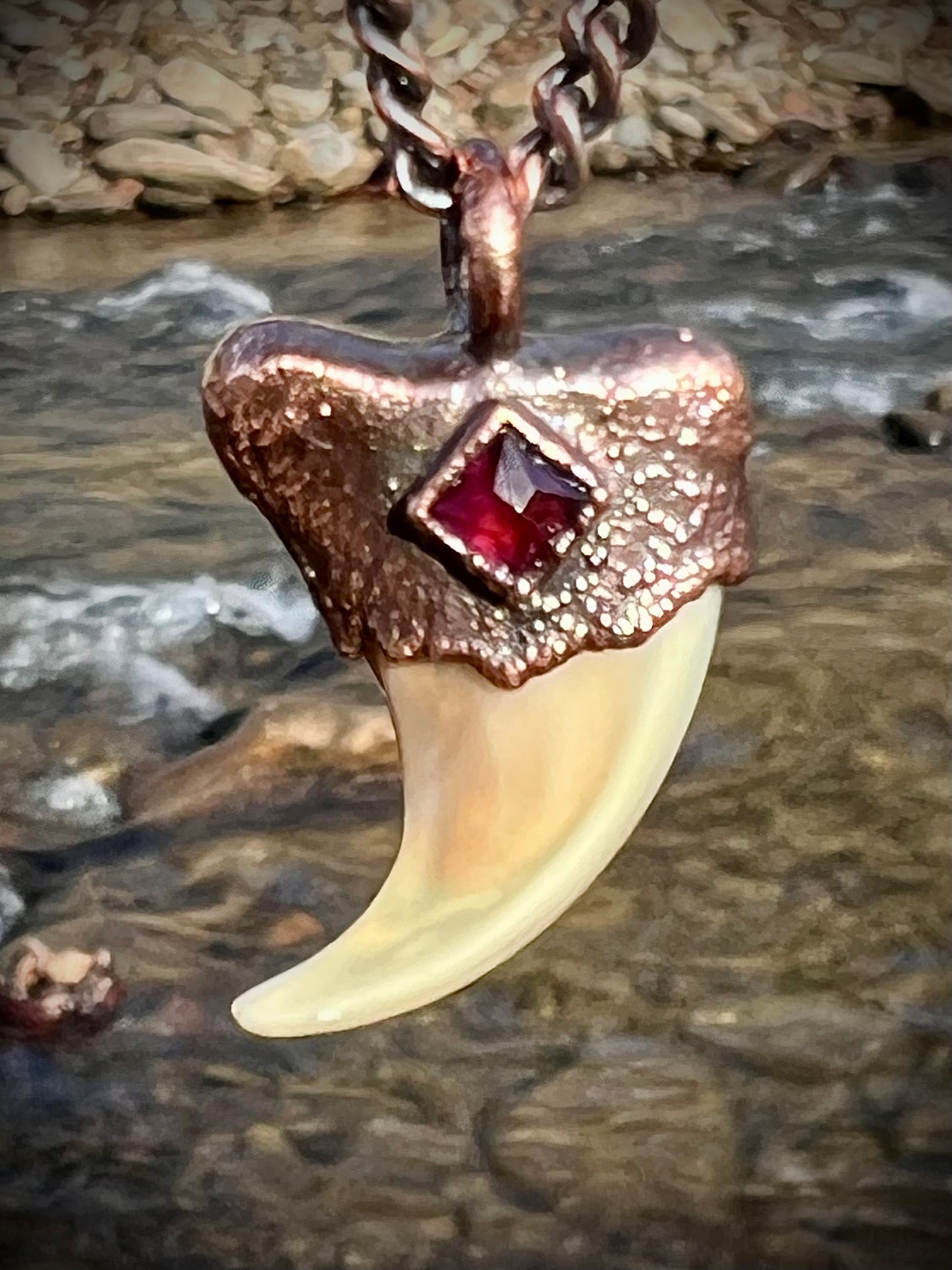 Cougar Claw with Garnet - Copper Electroformed Necklace