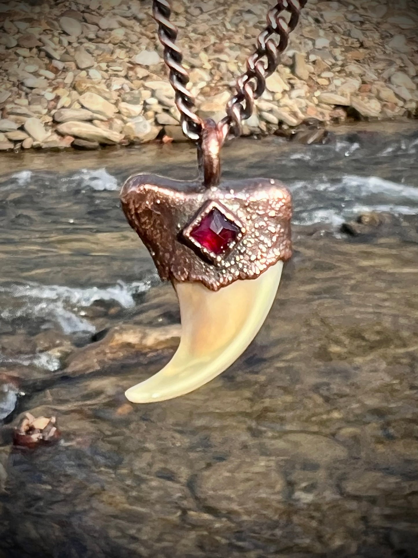 Cougar Claw with Garnet - Copper Electroformed Necklace