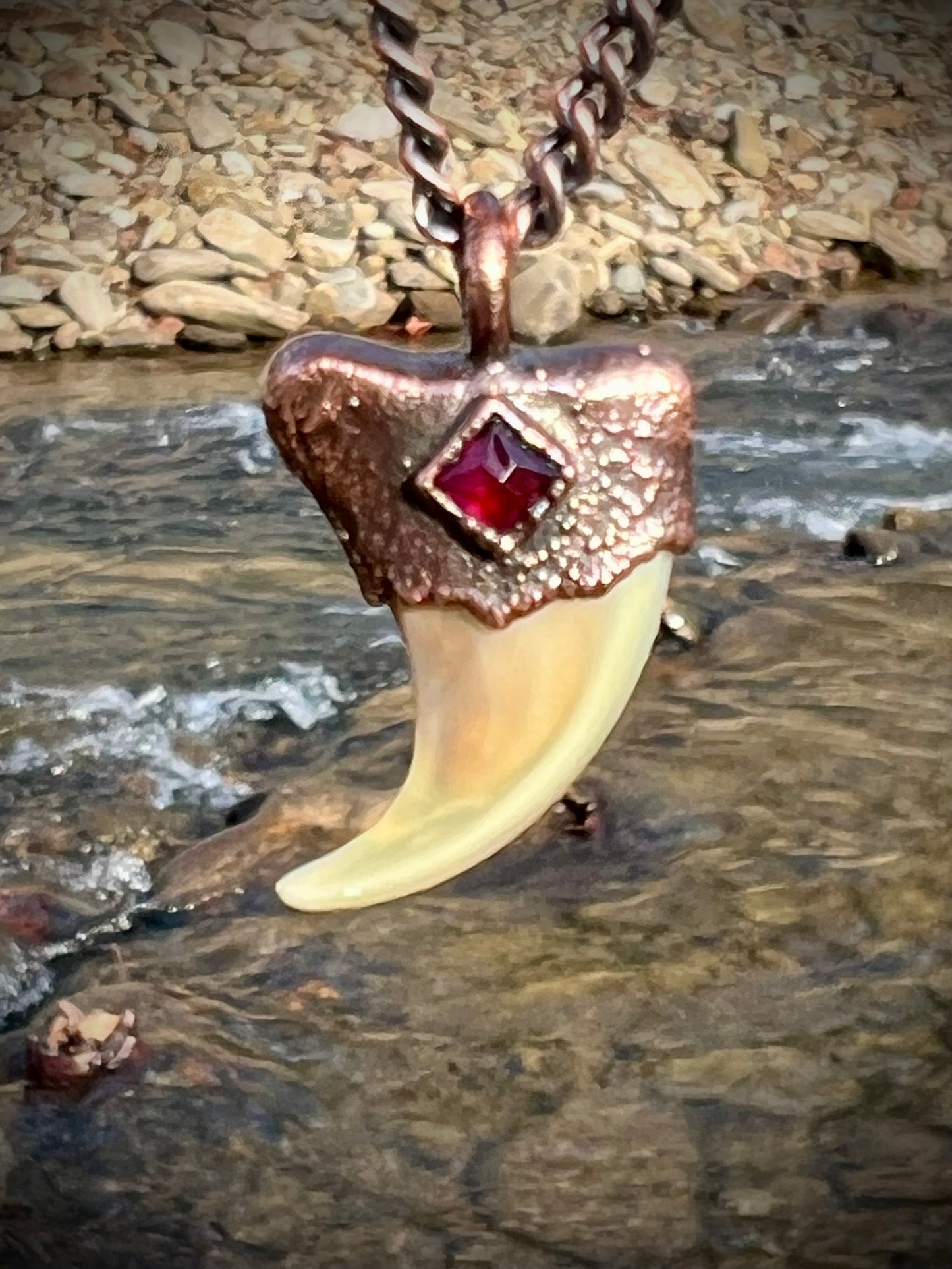 Cougar Claw with Garnet - Copper Electroformed Necklace