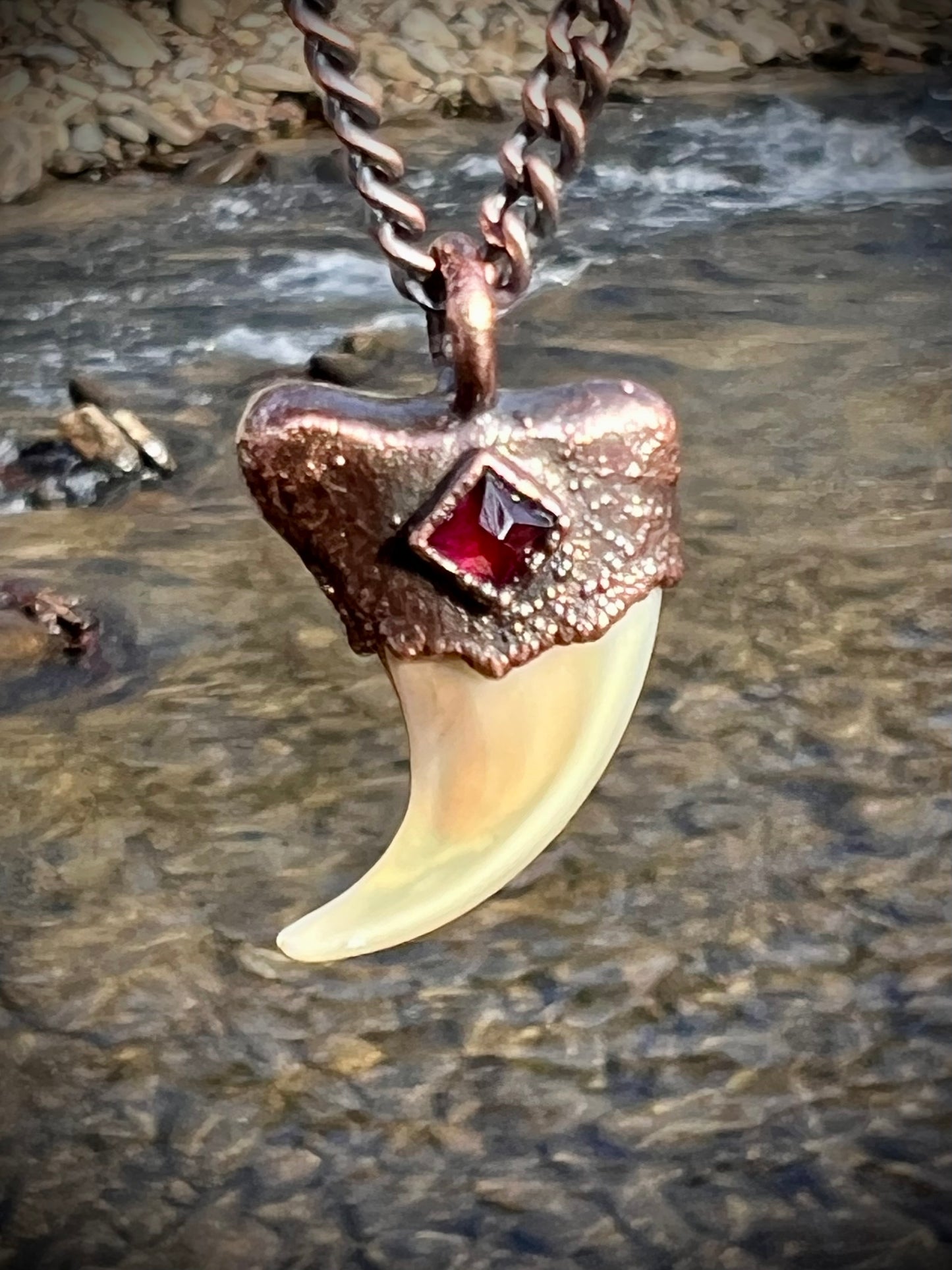 Cougar Claw with Garnet - Copper Electroformed Necklace