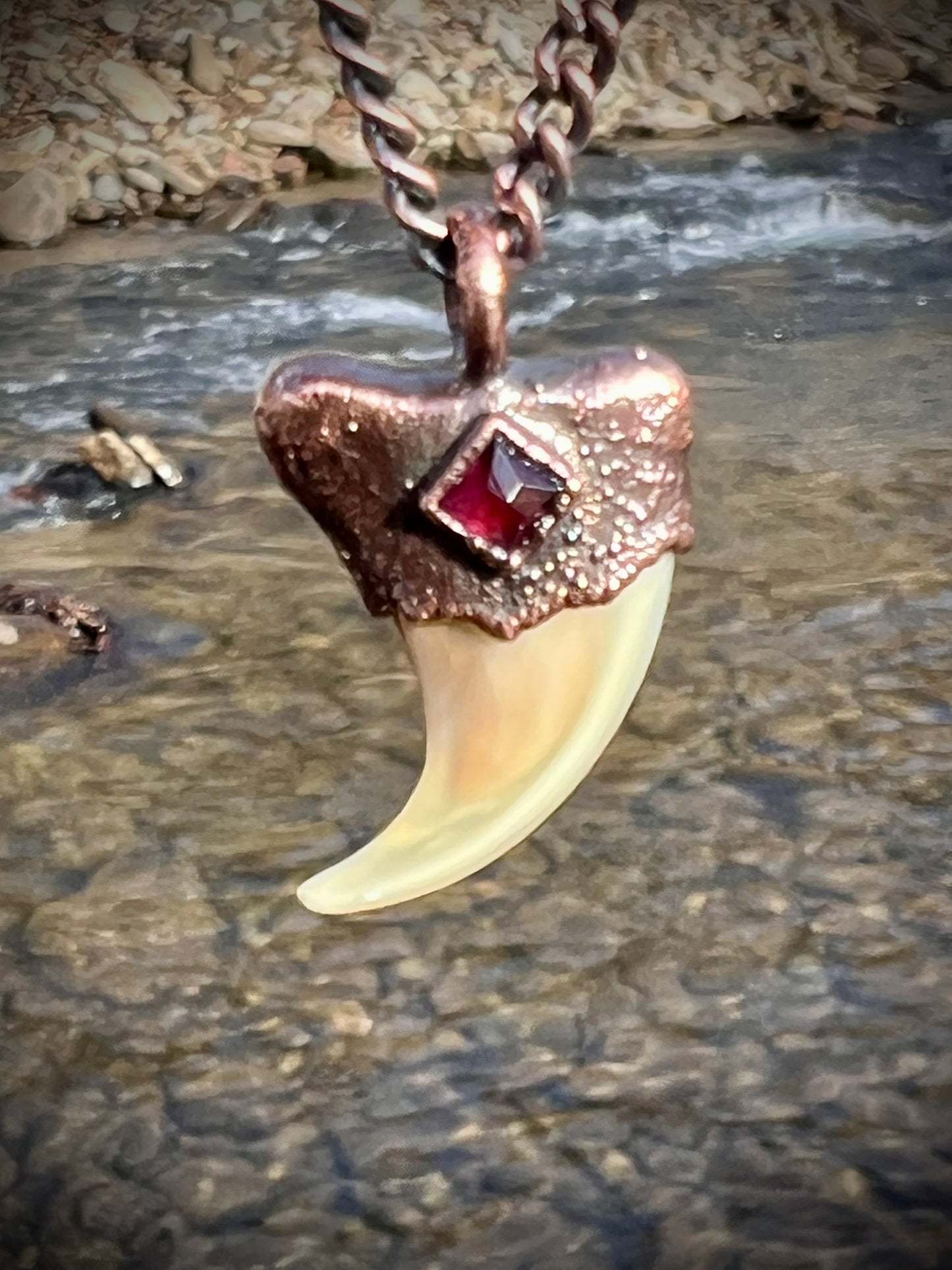 Cougar Claw with Garnet - Copper Electroformed Necklace