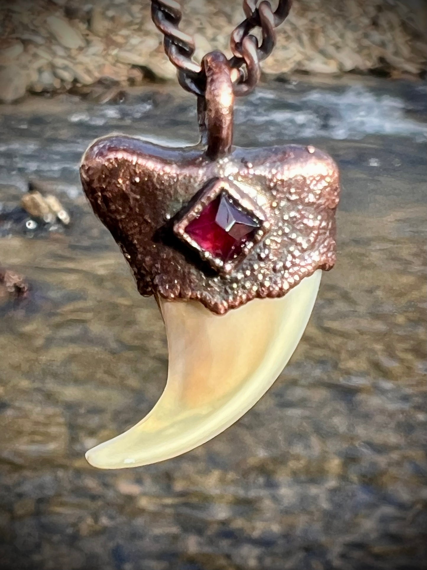 Cougar Claw with Garnet - Copper Electroformed Necklace