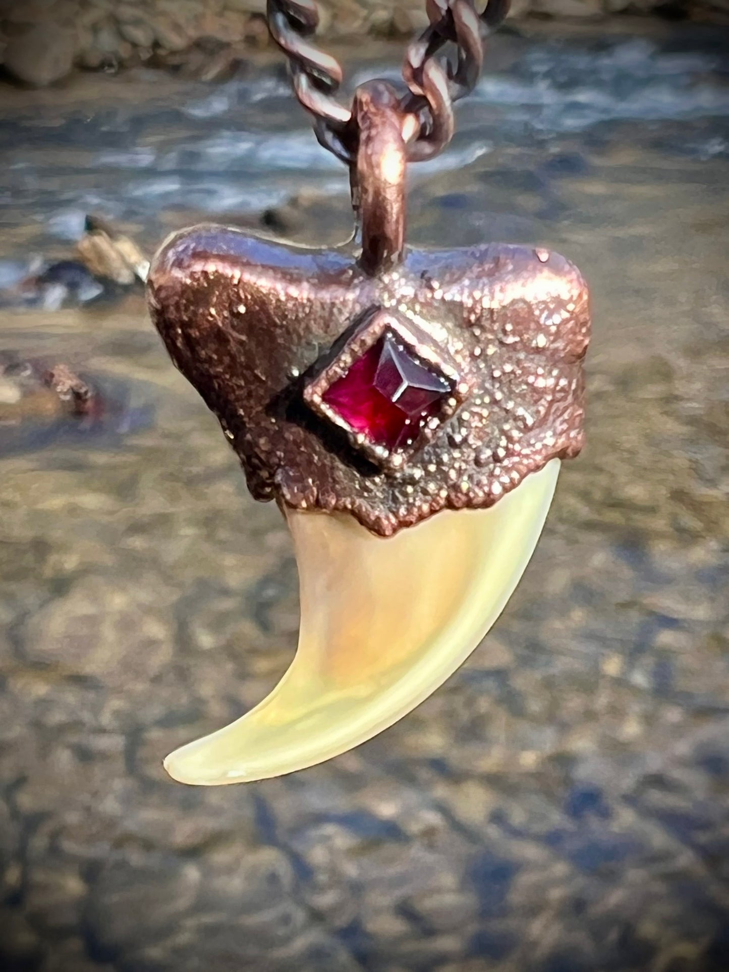 Cougar Claw with Garnet - Copper Electroformed Necklace