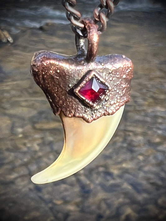 Cougar Claw with Garnet - Copper Electroformed Necklace