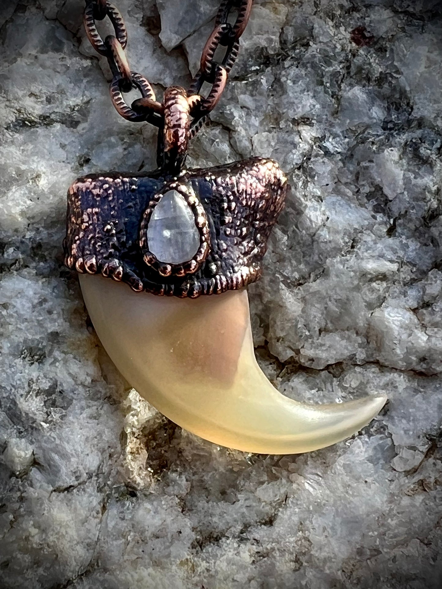 Cougar Claw with Moonstone - Copper Electroformed Necklace