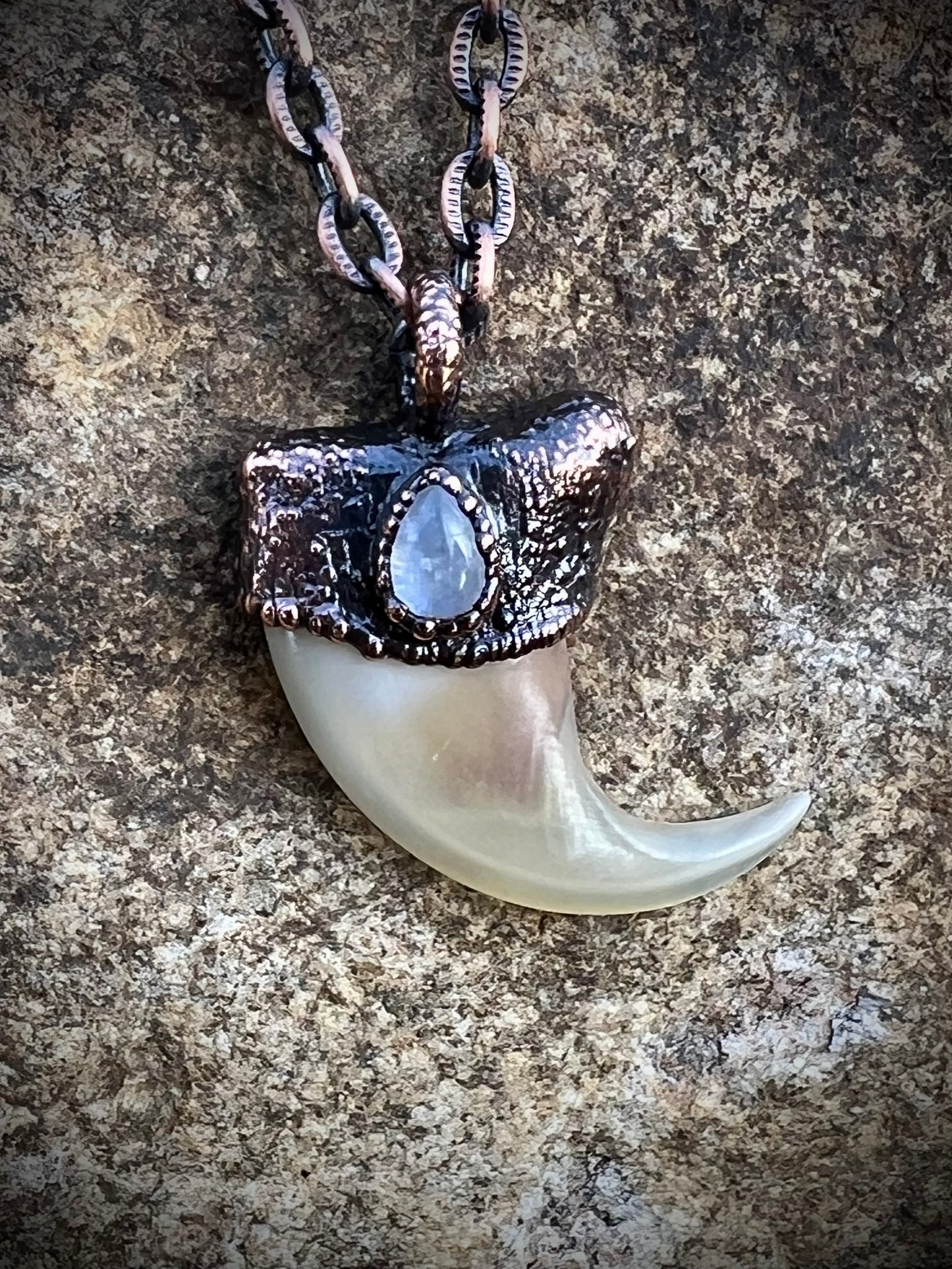 Cougar Claw with Moonstone - Copper Electroformed Necklace