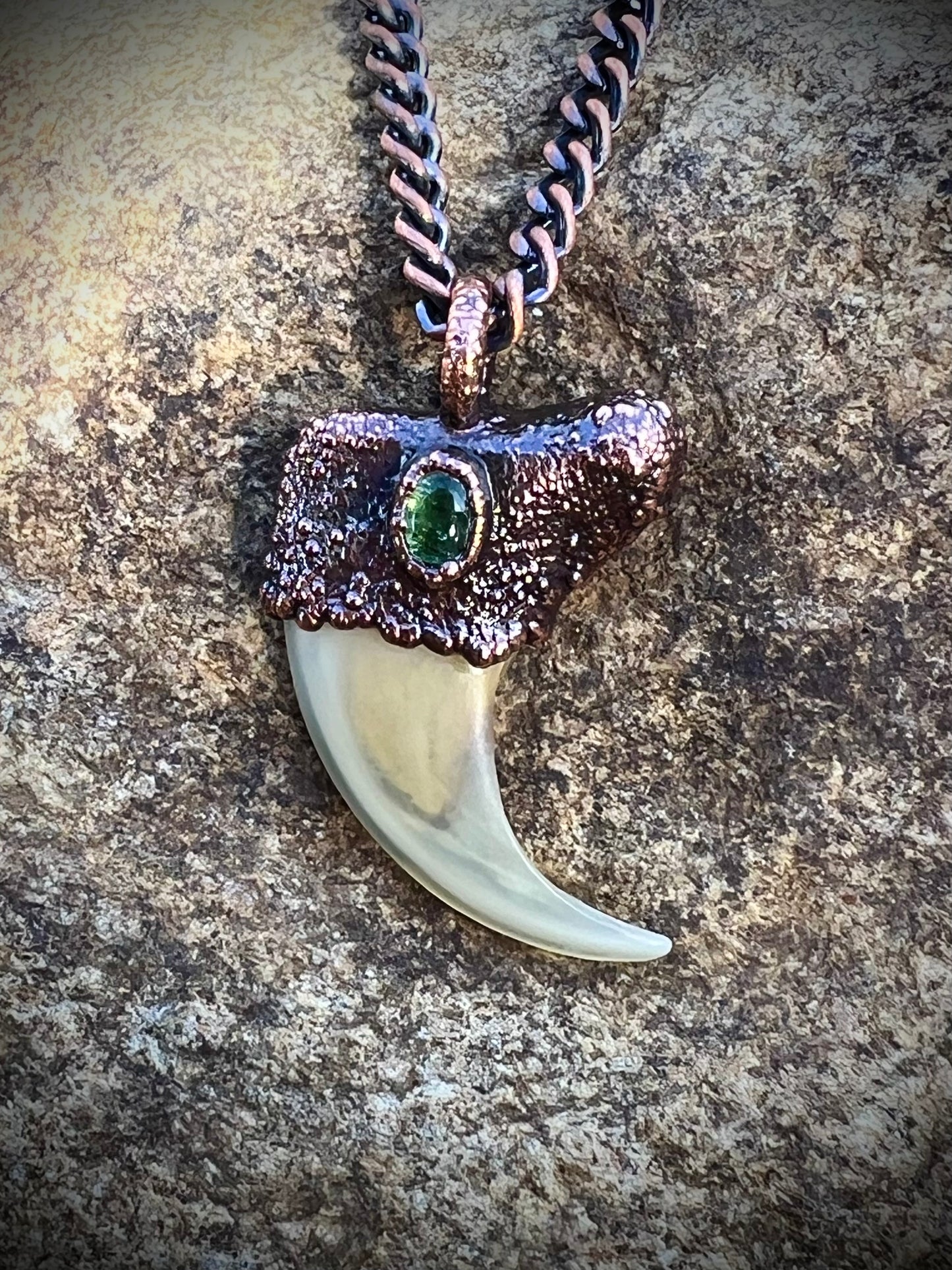 Cougar Claw with Green Tourmaline - Copper Electroformed Necklace