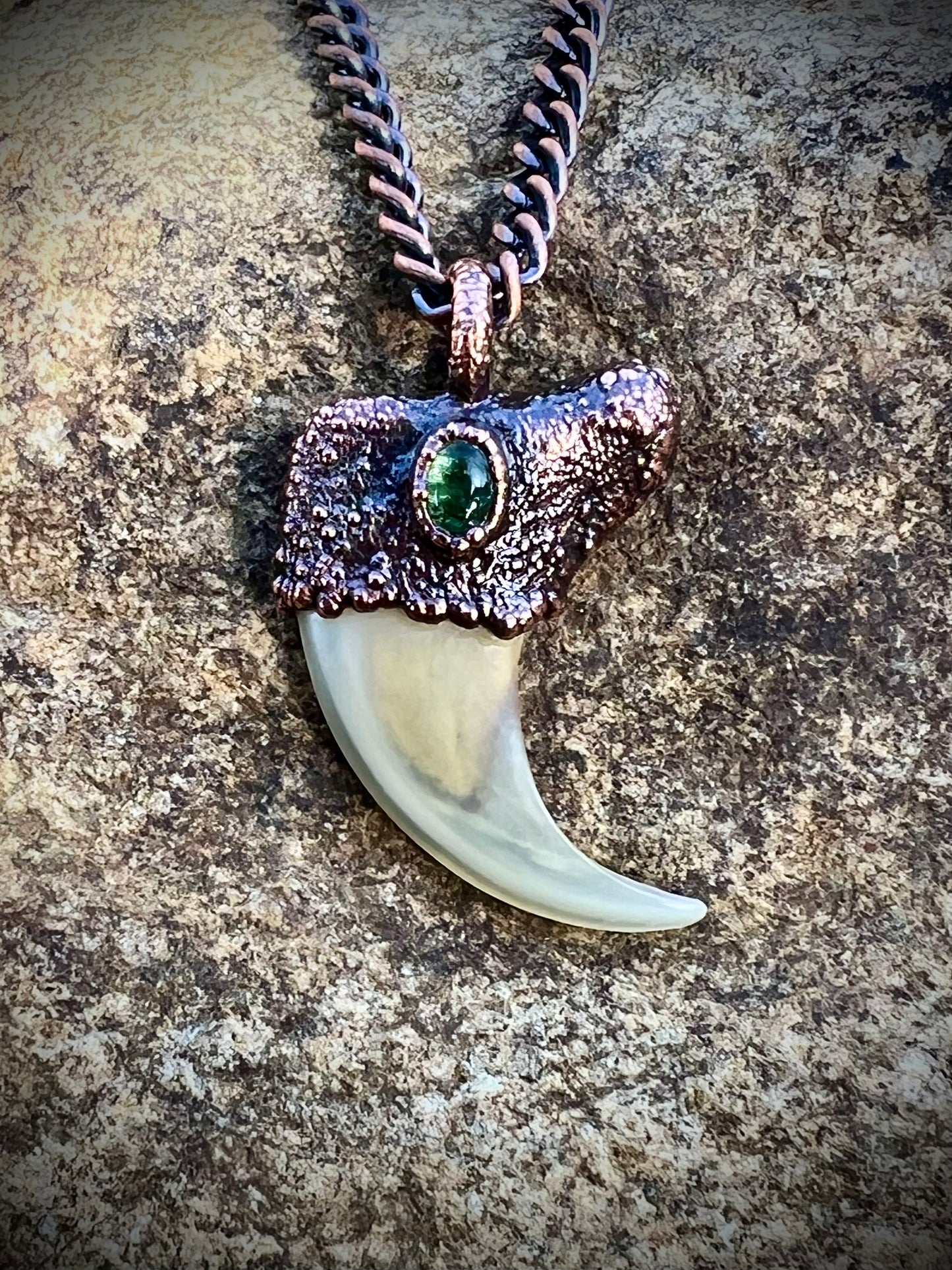 Cougar Claw with Green Tourmaline - Copper Electroformed Necklace