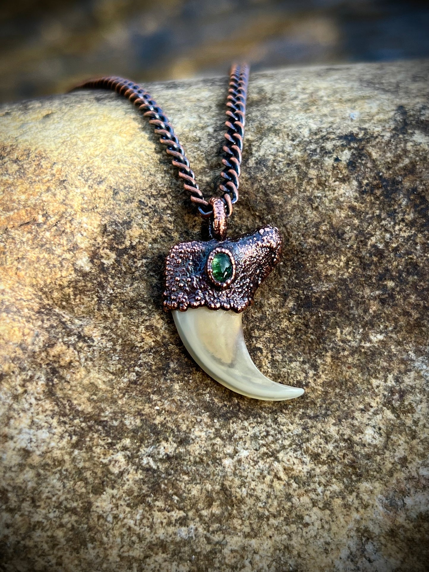 Cougar Claw with Green Tourmaline - Copper Electroformed Necklace