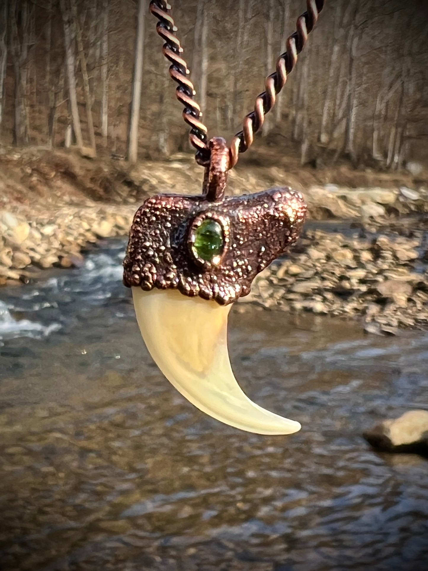 Cougar Claw with Green Tourmaline - Copper Electroformed Necklace