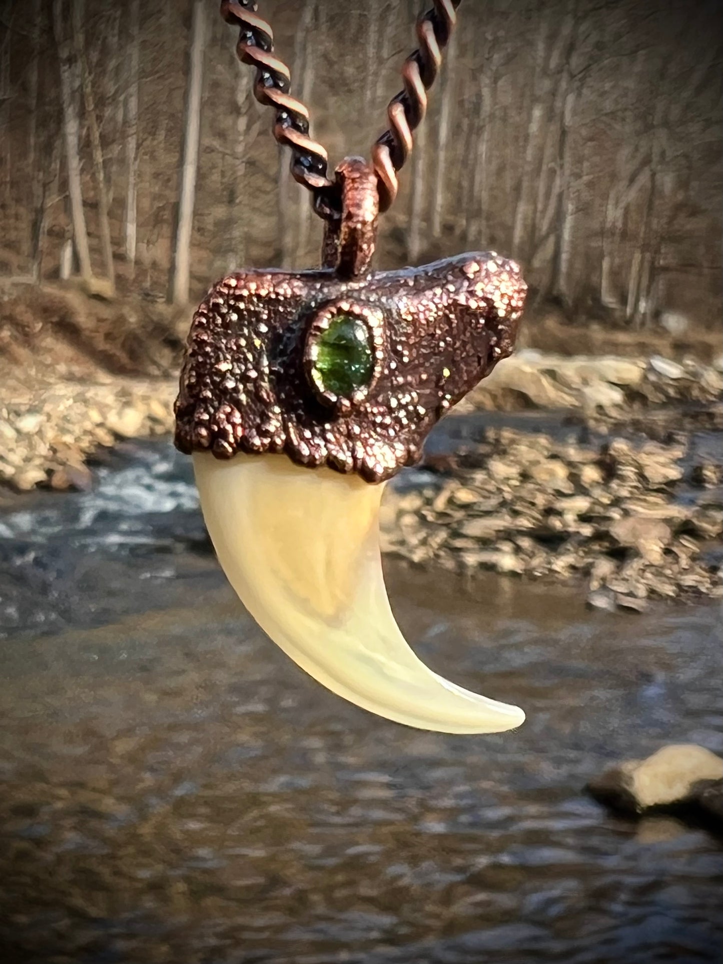Cougar Claw with Green Tourmaline - Copper Electroformed Necklace