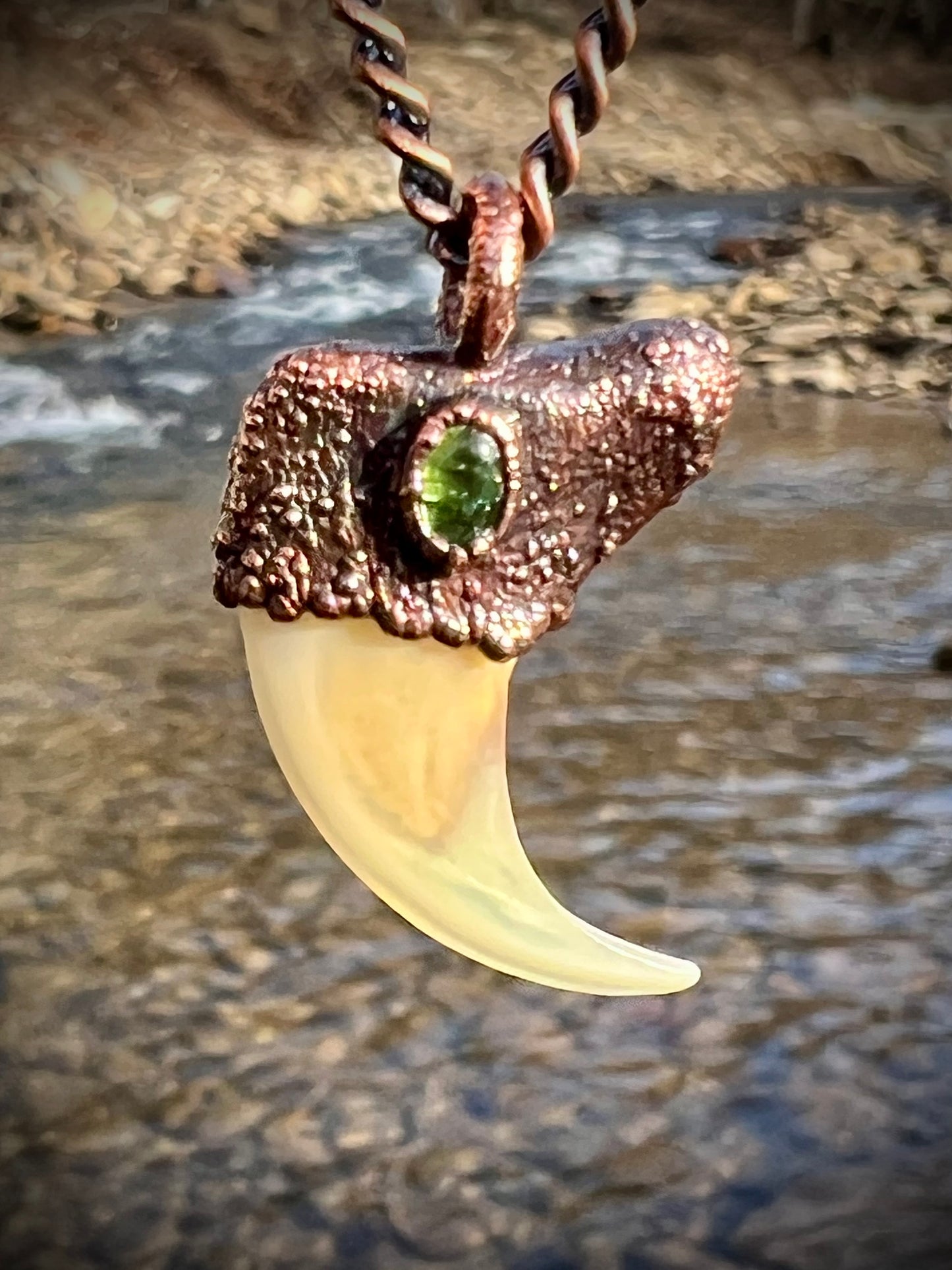 Cougar Claw with Green Tourmaline - Copper Electroformed Necklace