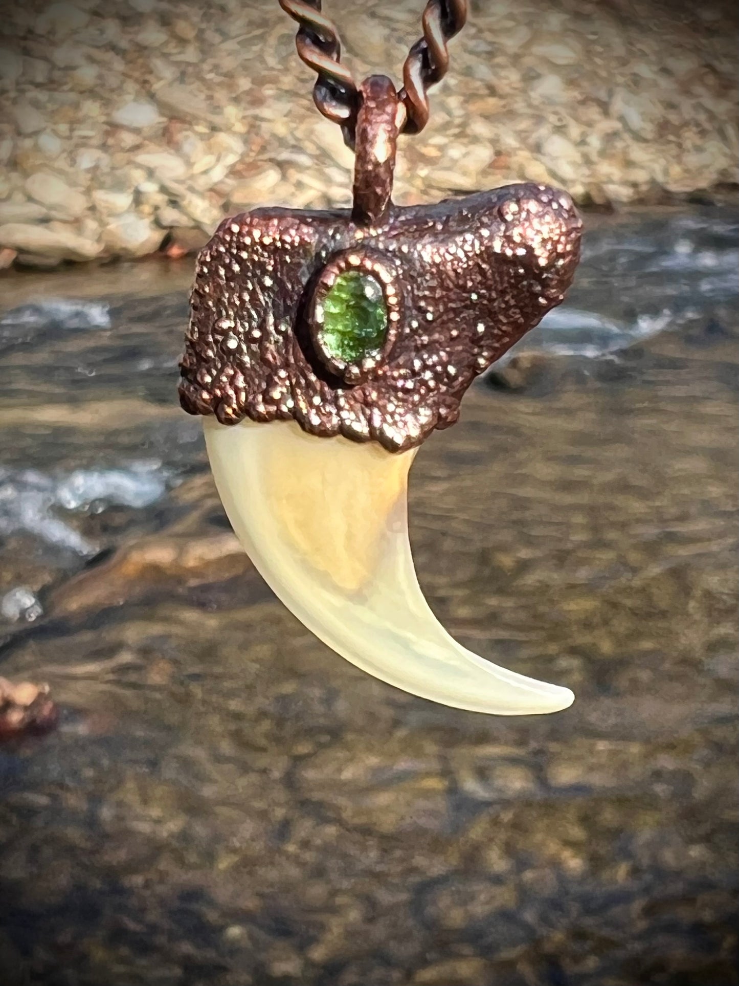 Cougar Claw with Green Tourmaline - Copper Electroformed Necklace