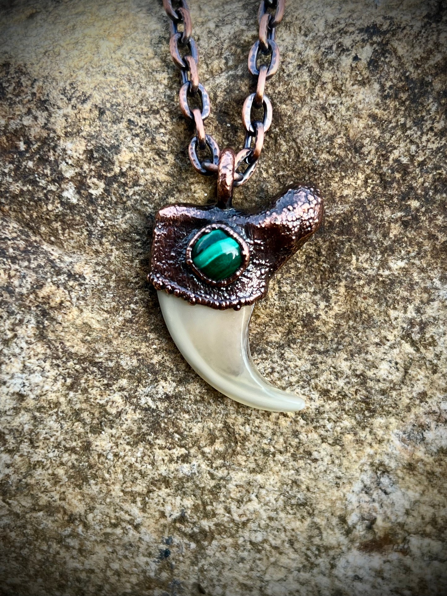 Cougar Claw with Malachite - Copper Electroformed Necklace