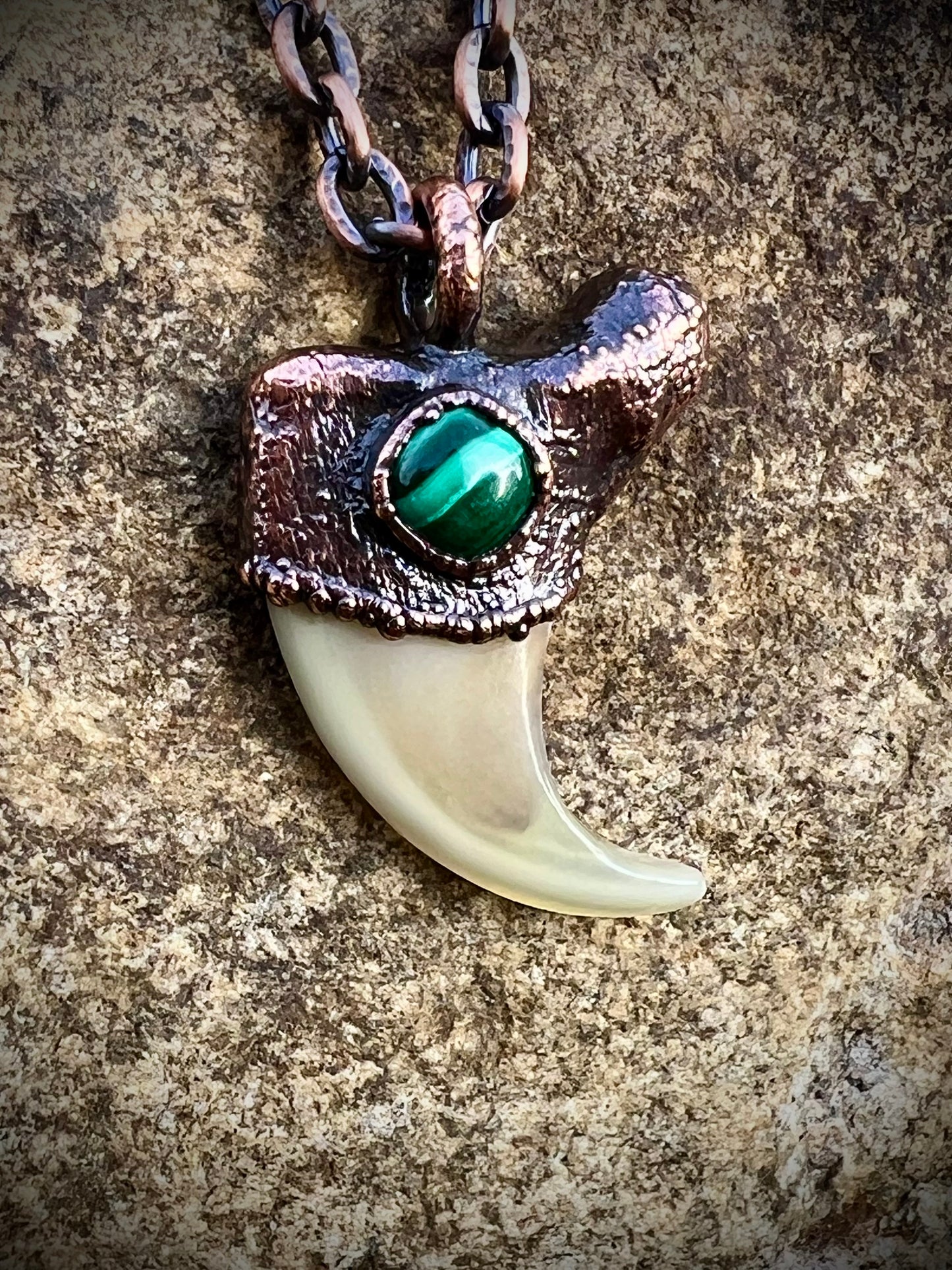 Cougar Claw with Malachite - Copper Electroformed Necklace
