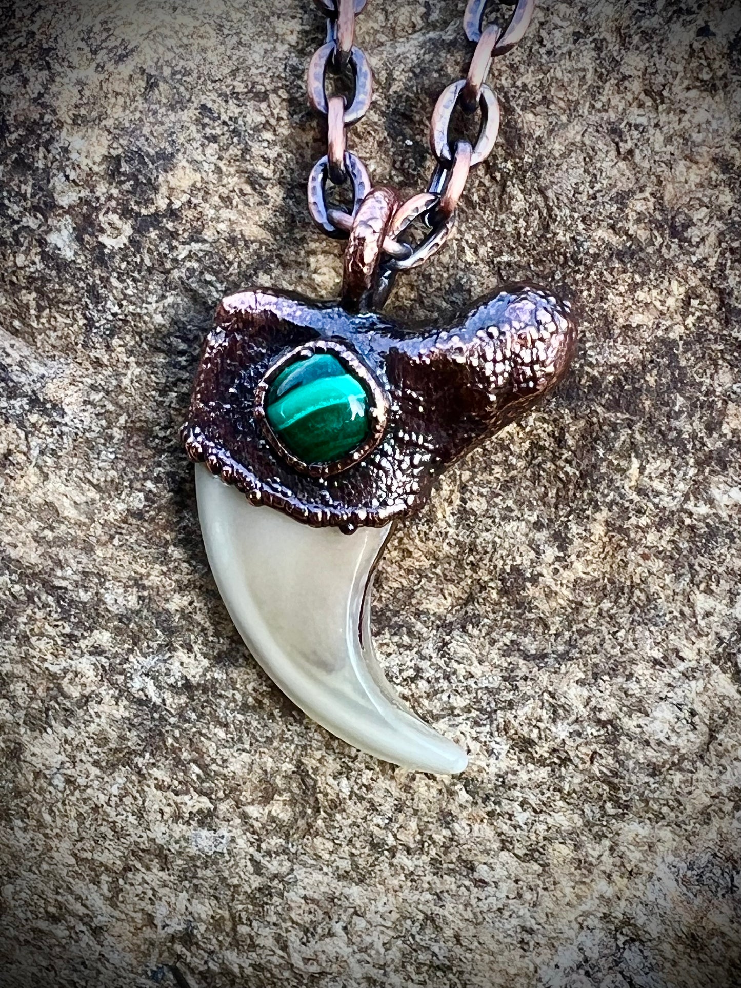 Cougar Claw with Malachite - Copper Electroformed Necklace