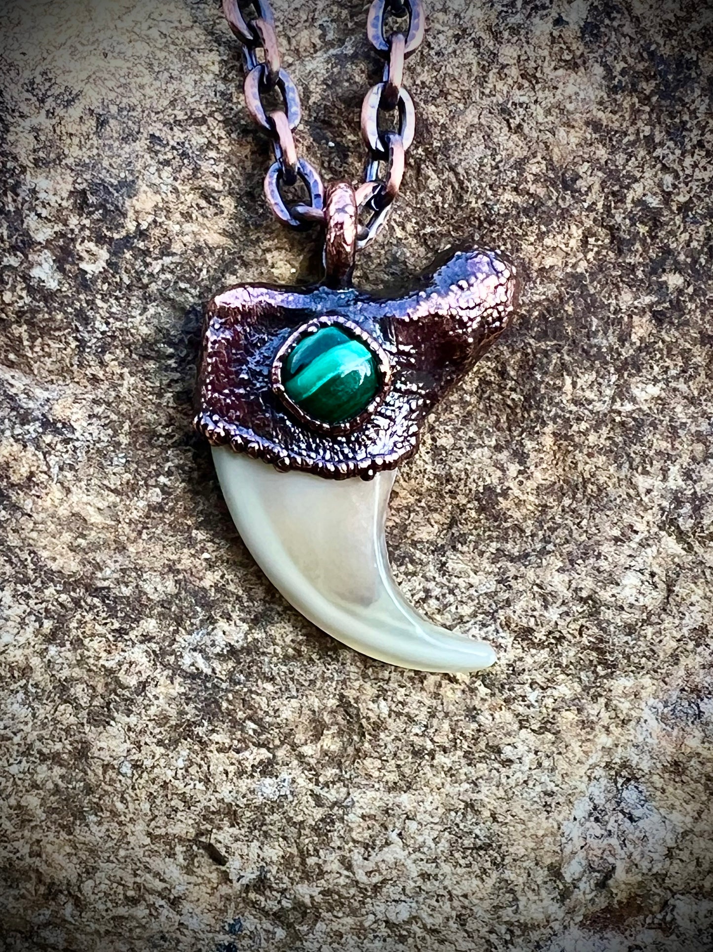 Cougar Claw with Malachite - Copper Electroformed Necklace