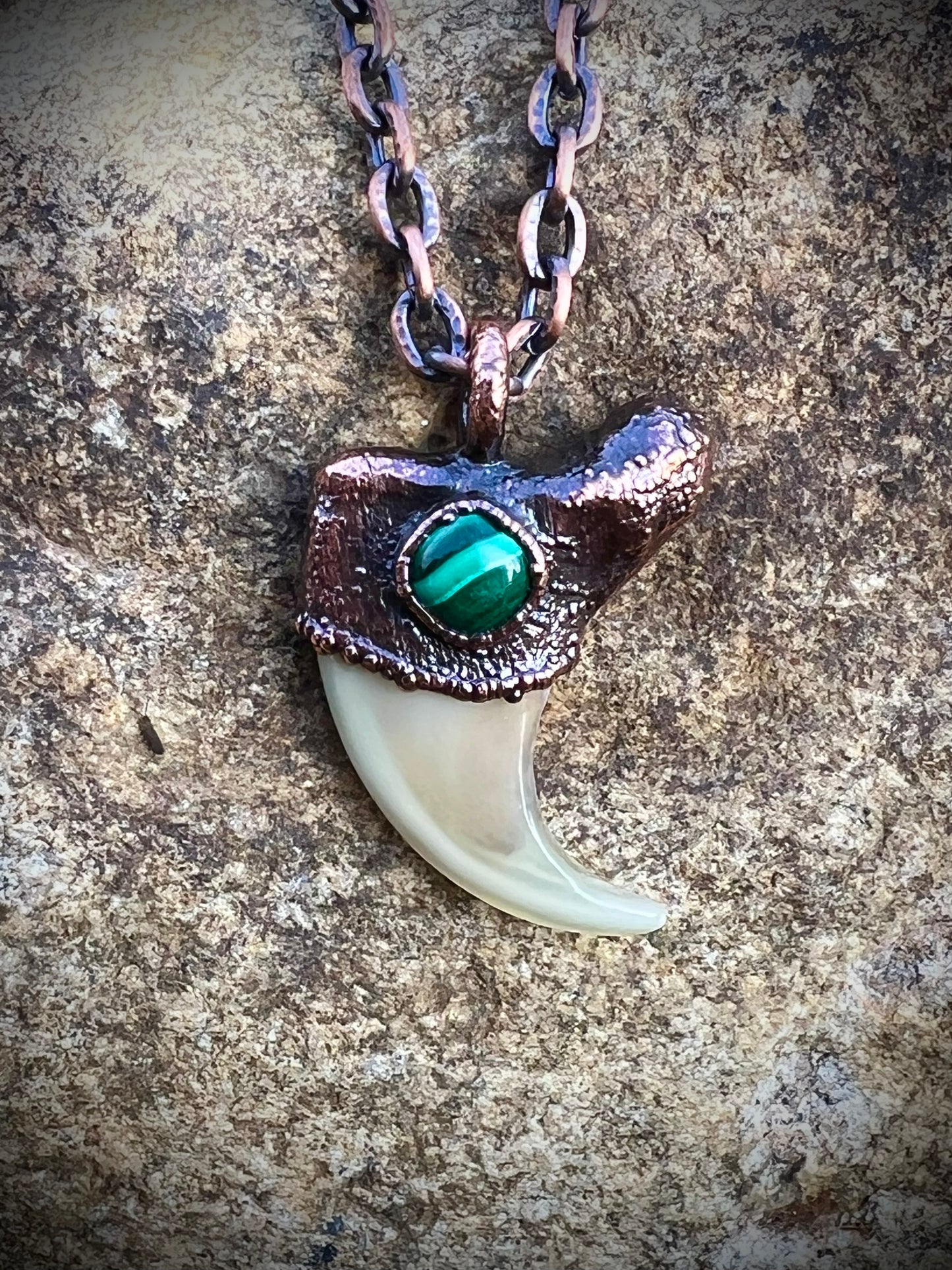Cougar Claw with Malachite - Copper Electroformed Necklace