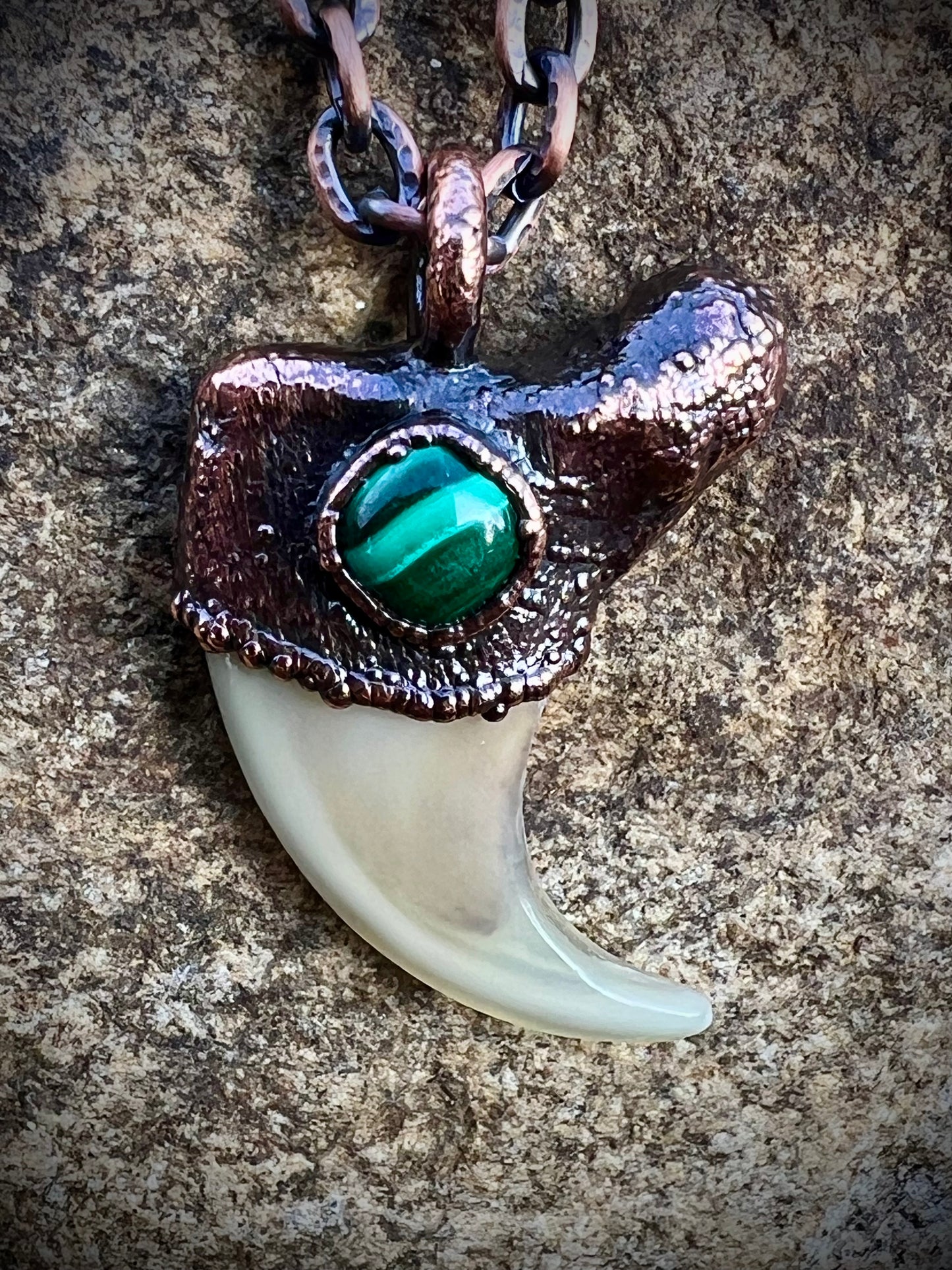 Cougar Claw with Malachite - Copper Electroformed Necklace