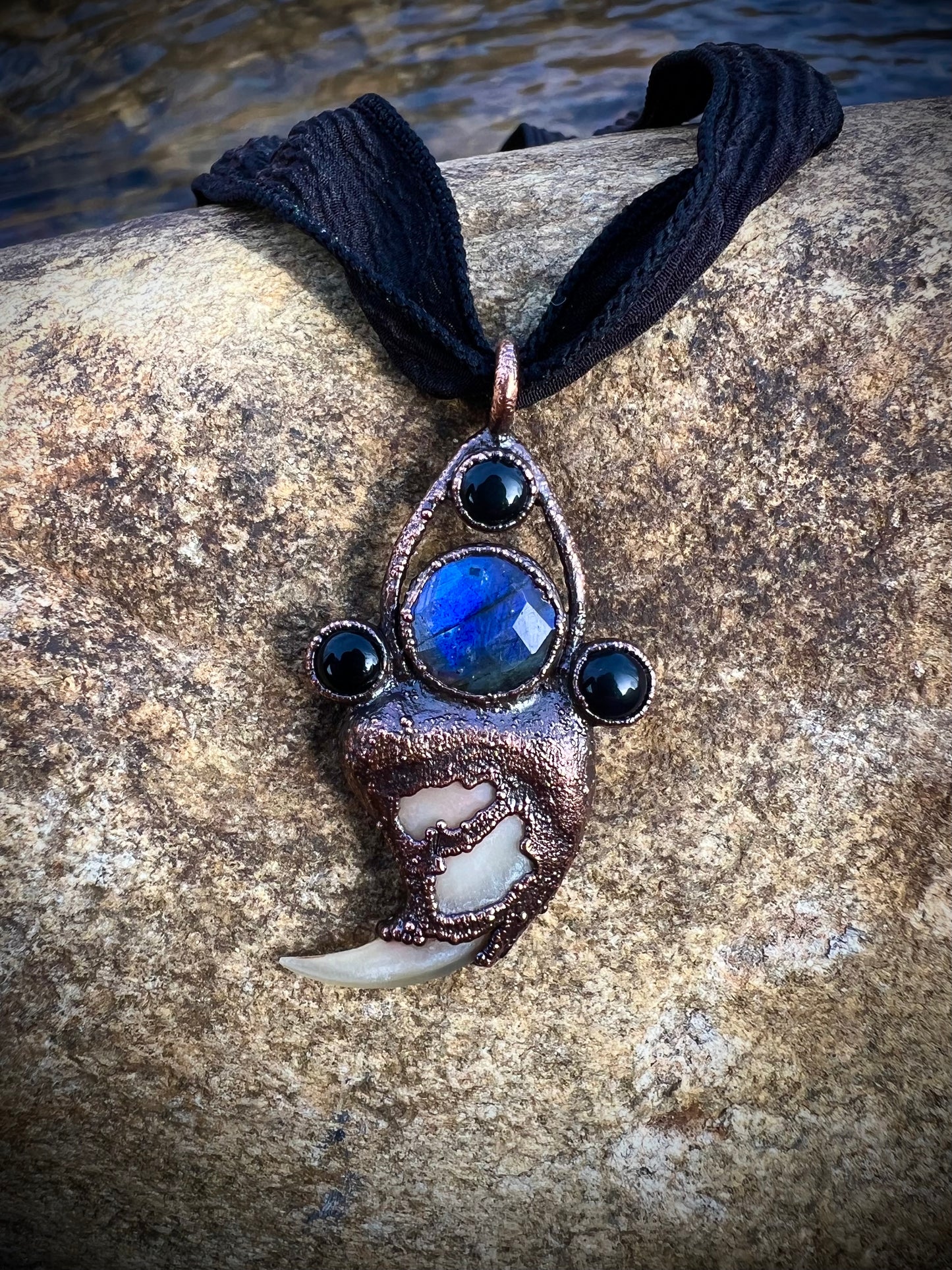 Cougar Claw Necklace with Labradorite and Obsidian - Copper Electroformed