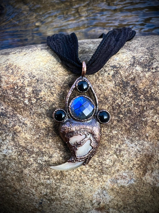 Cougar Claw Necklace with Labradorite and Obsidian - Copper Electroformed