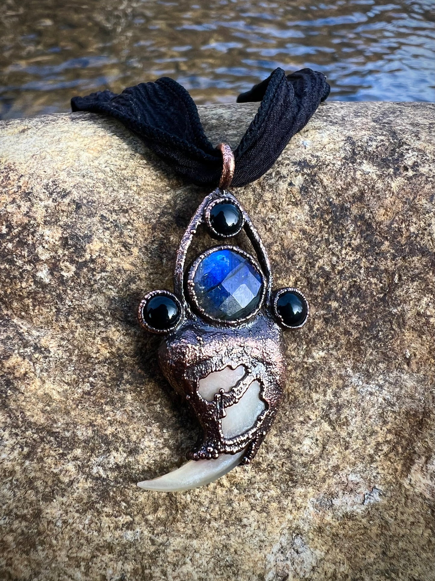 Cougar Claw Necklace with Labradorite and Obsidian - Copper Electroformed