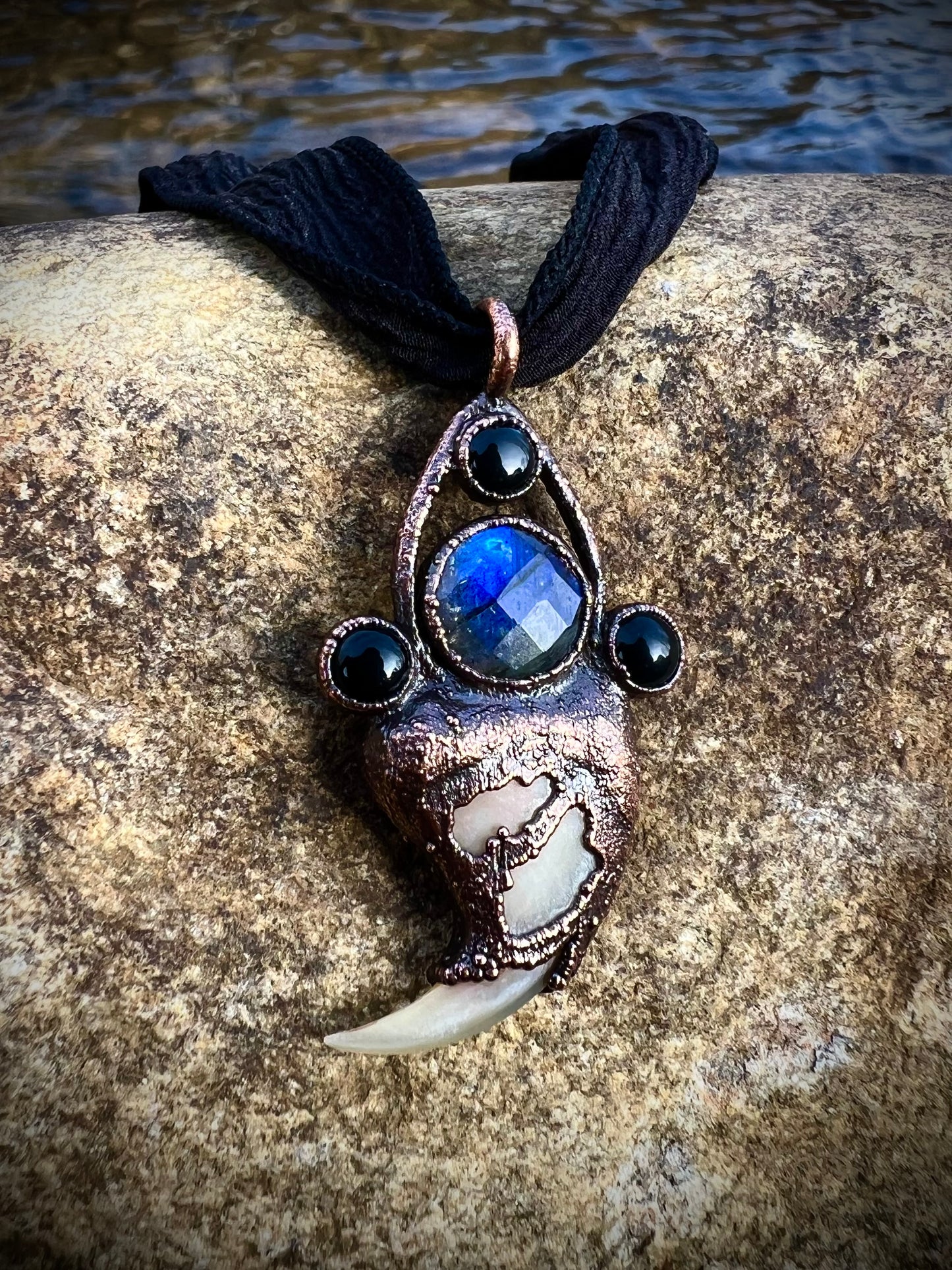 Cougar Claw Necklace with Labradorite and Obsidian - Copper Electroformed