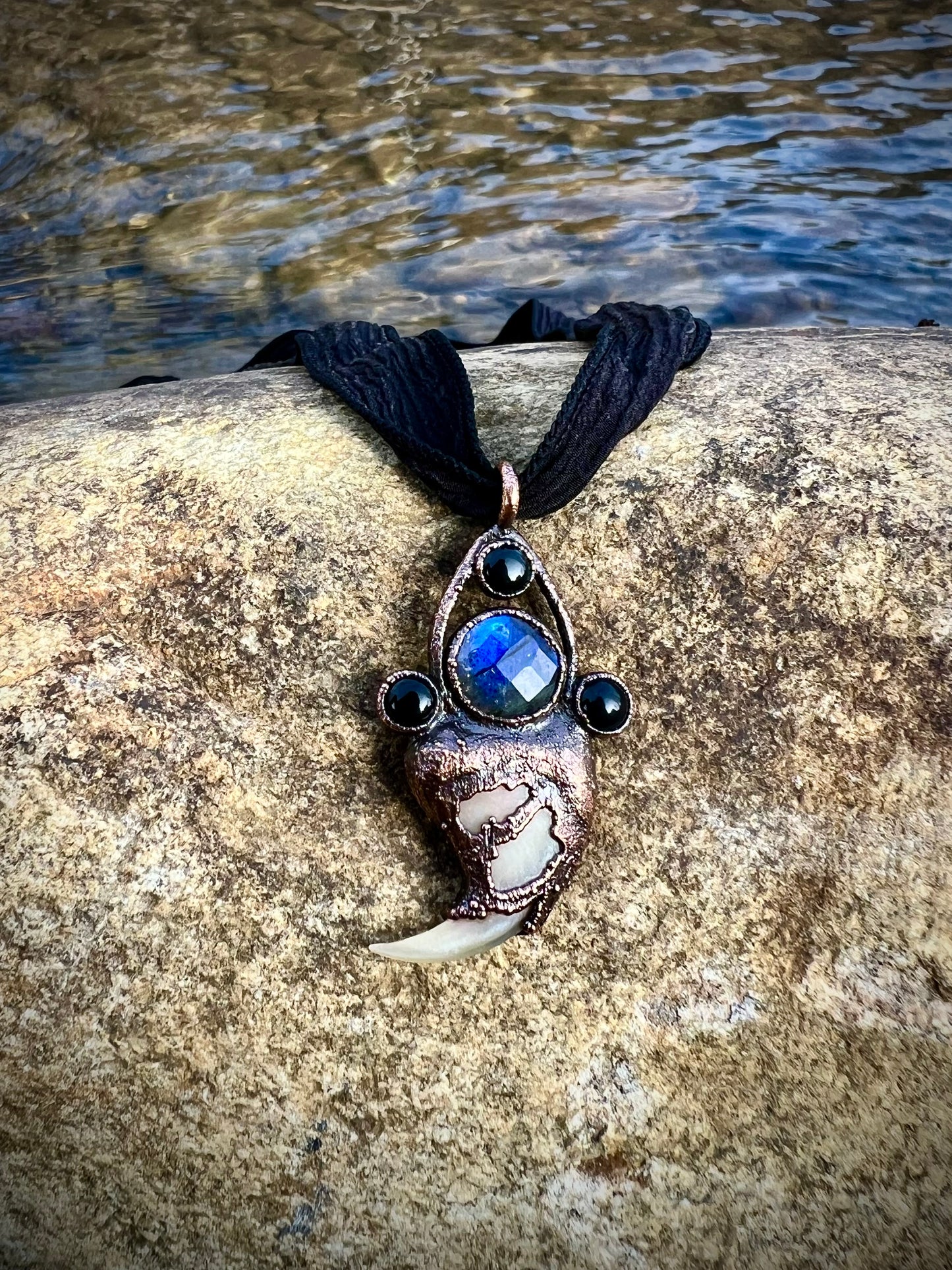 Cougar Claw Necklace with Labradorite and Obsidian - Copper Electroformed