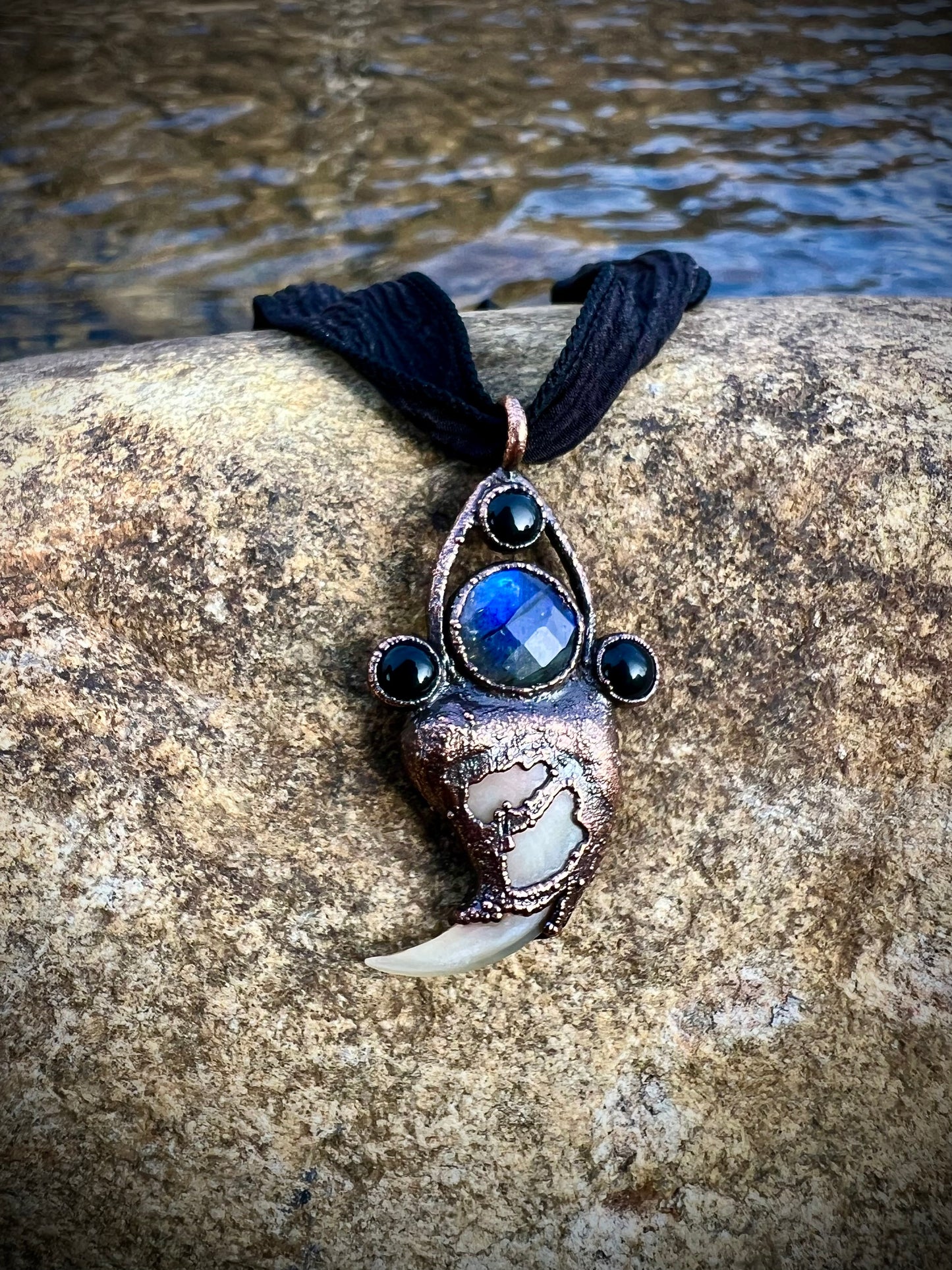 Cougar Claw Necklace with Labradorite and Obsidian - Copper Electroformed
