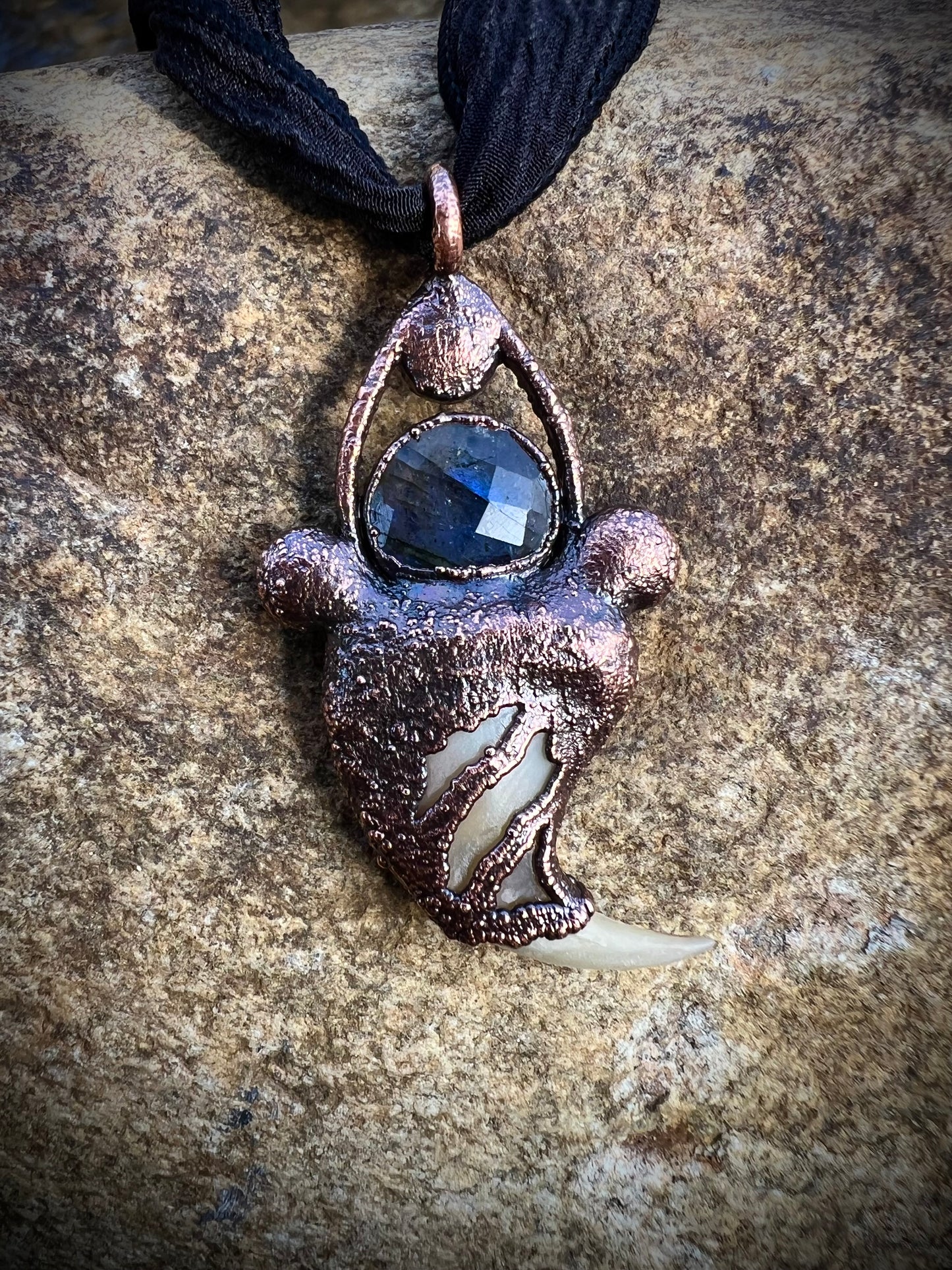 Cougar Claw Necklace with Labradorite and Obsidian - Copper Electroformed