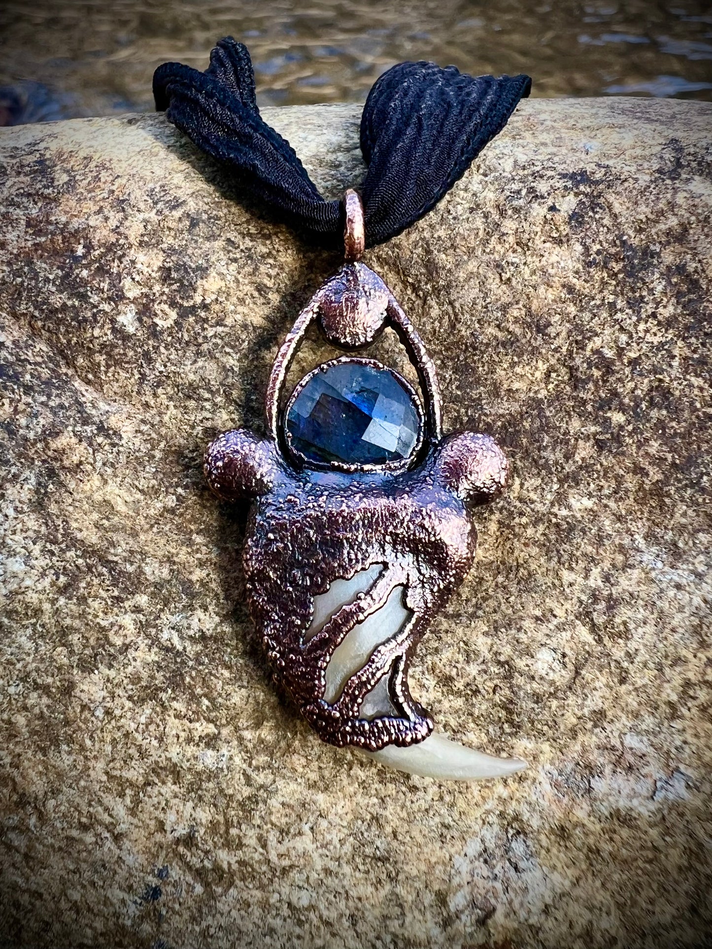 Cougar Claw Necklace with Labradorite and Obsidian - Copper Electroformed