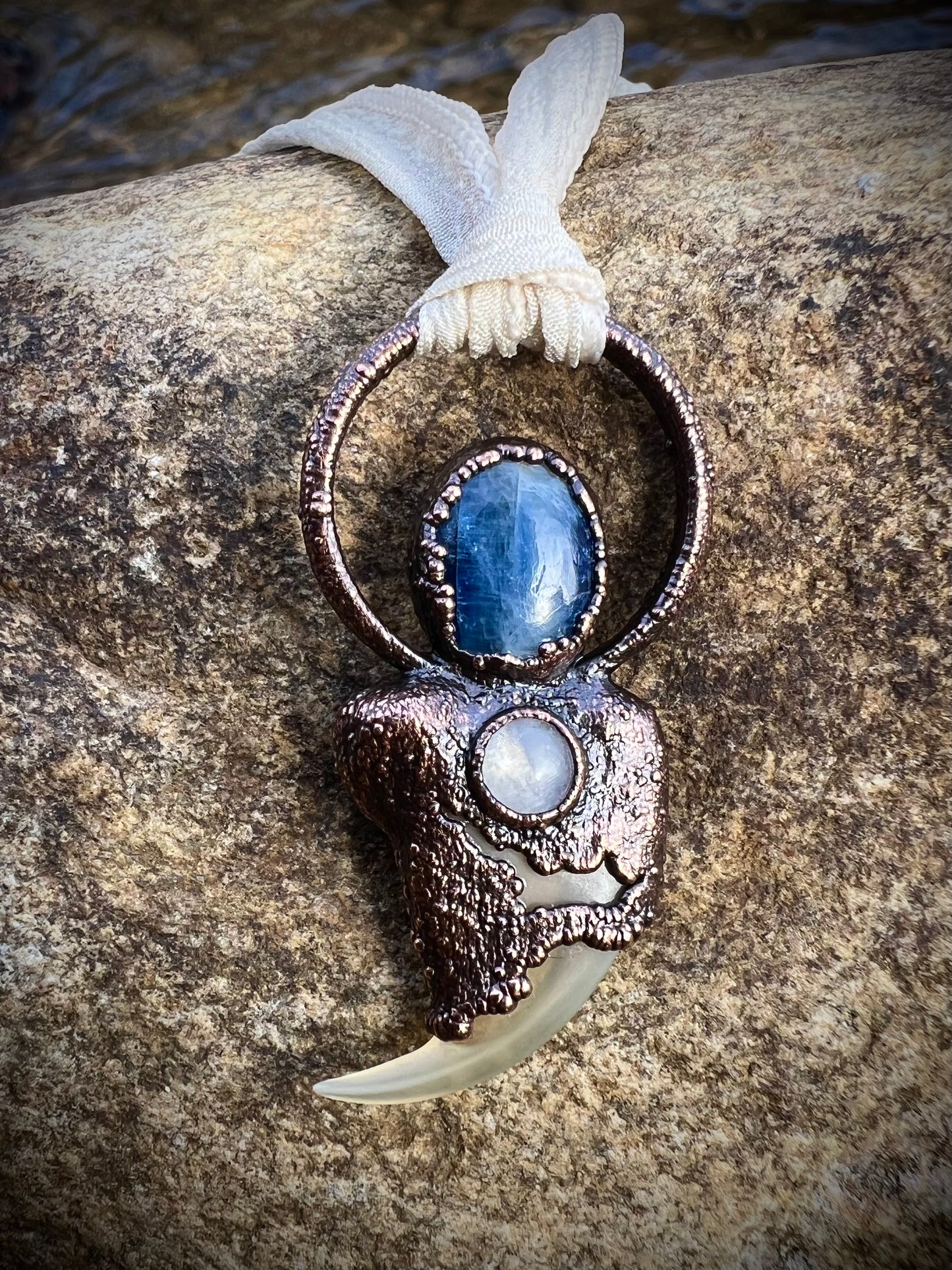 Cougar Claw with Blue Kyanite and Rainbow Moonstone - Copper Electroformed Necklace