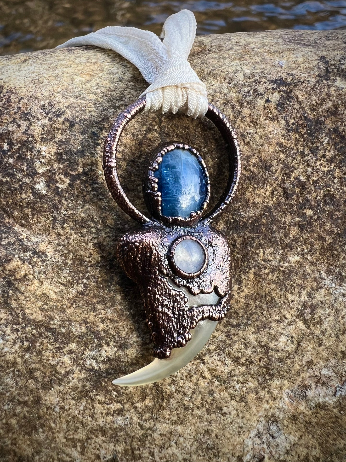 Cougar Claw with Blue Kyanite and Rainbow Moonstone - Copper Electroformed Necklace