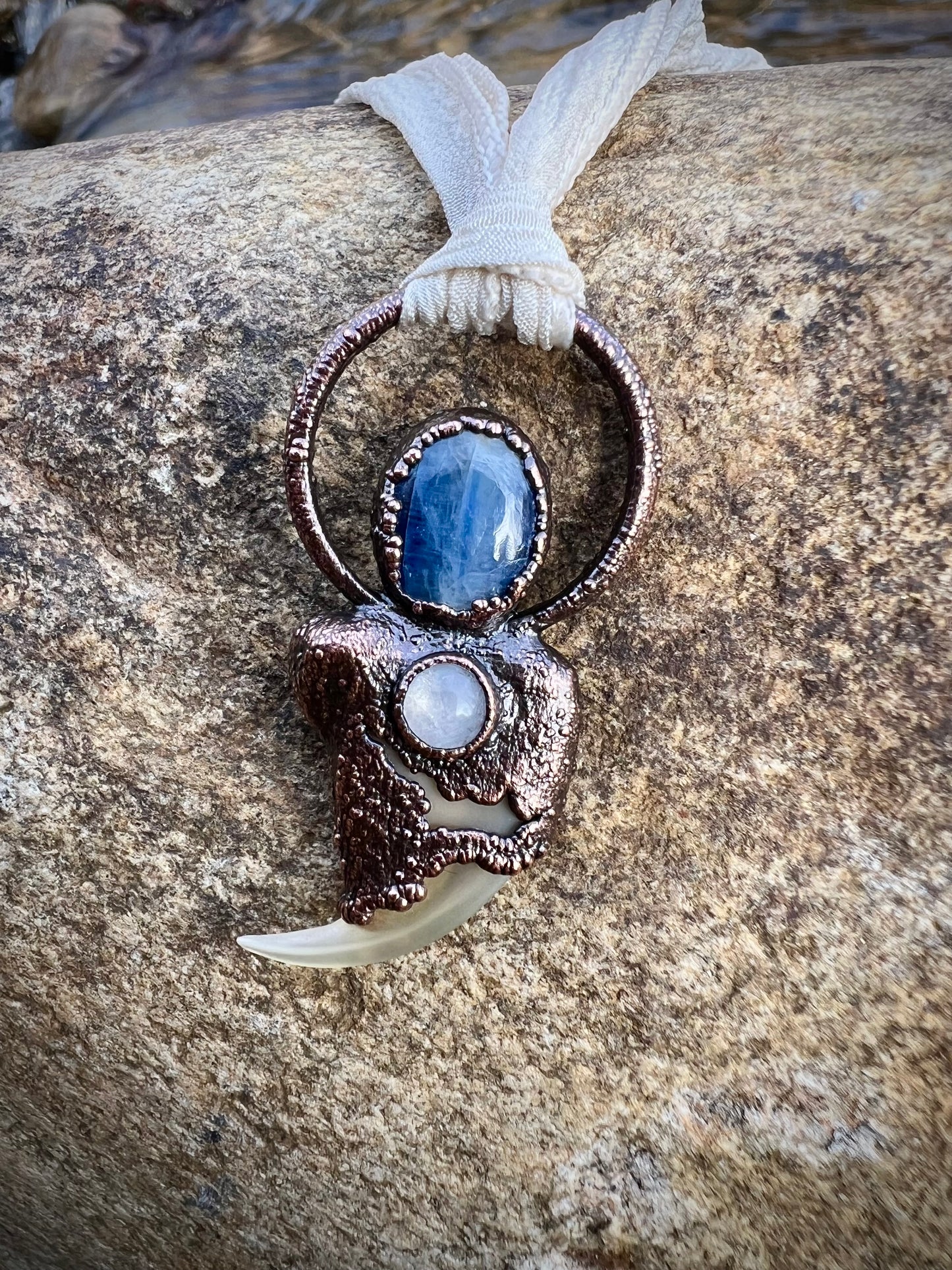 Cougar Claw with Blue Kyanite and Rainbow Moonstone - Copper Electroformed Necklace
