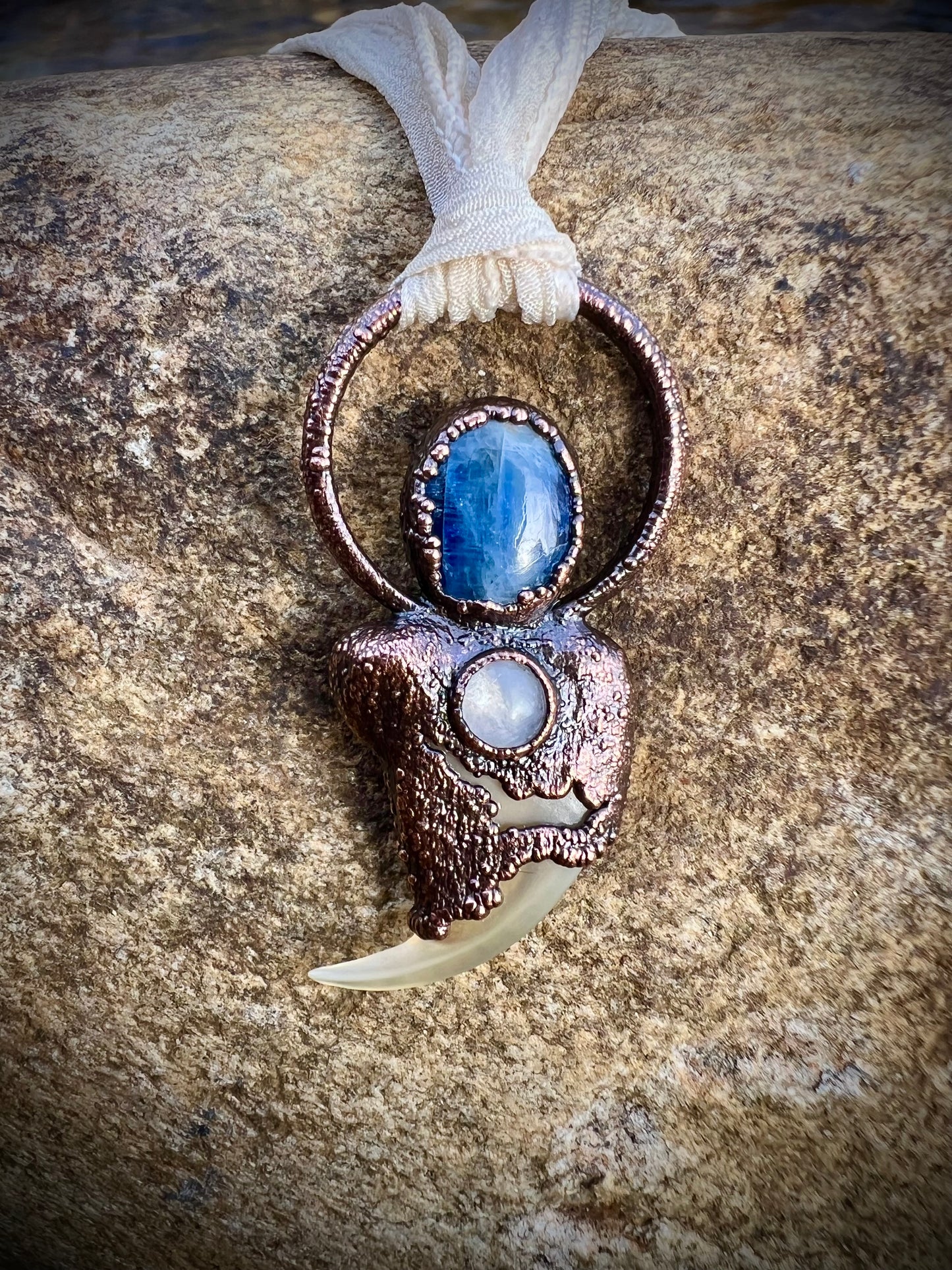Cougar Claw with Blue Kyanite and Rainbow Moonstone - Copper Electroformed Necklace