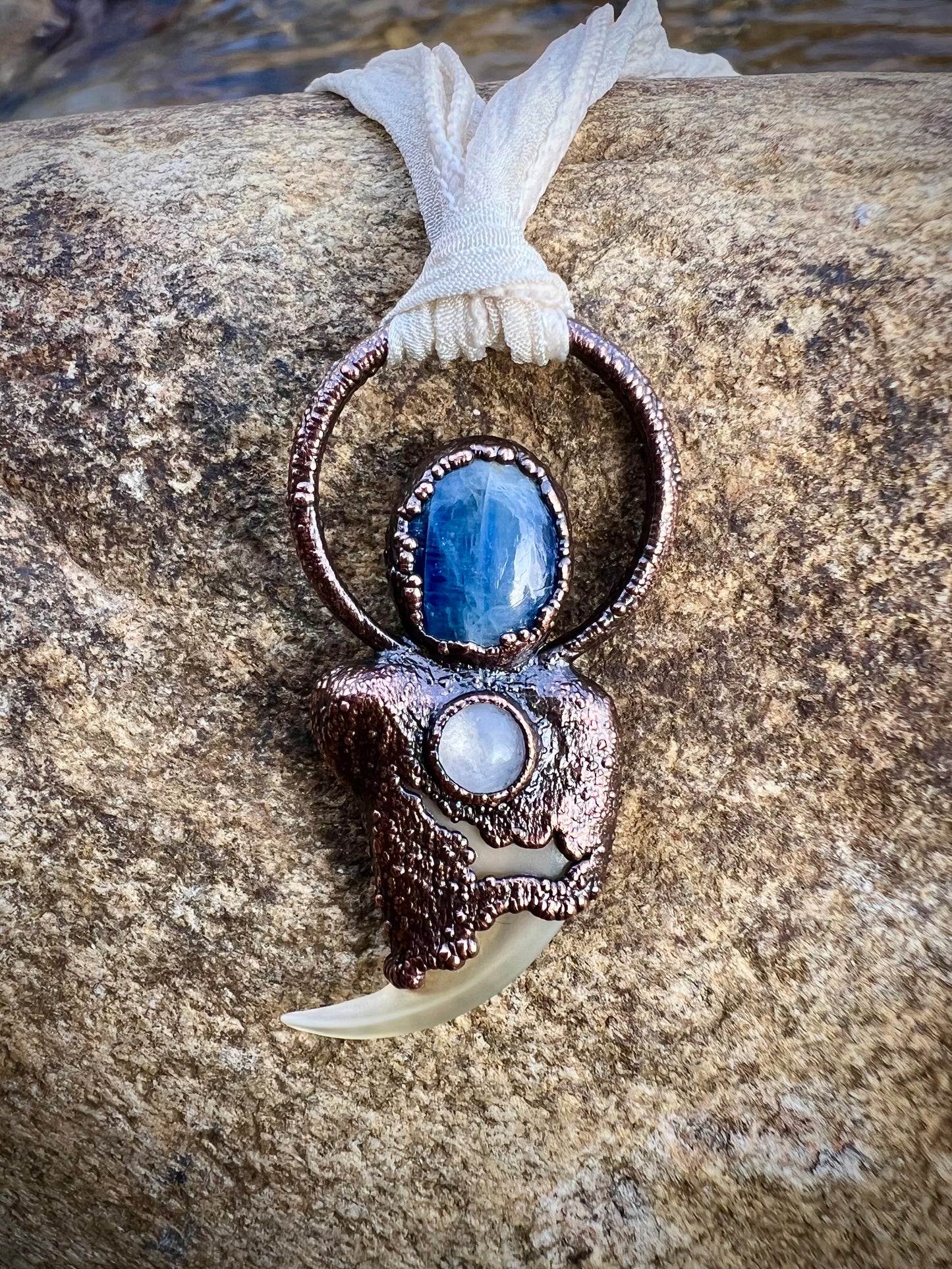Cougar Claw with Blue Kyanite and Rainbow Moonstone - Copper Electroformed Necklace