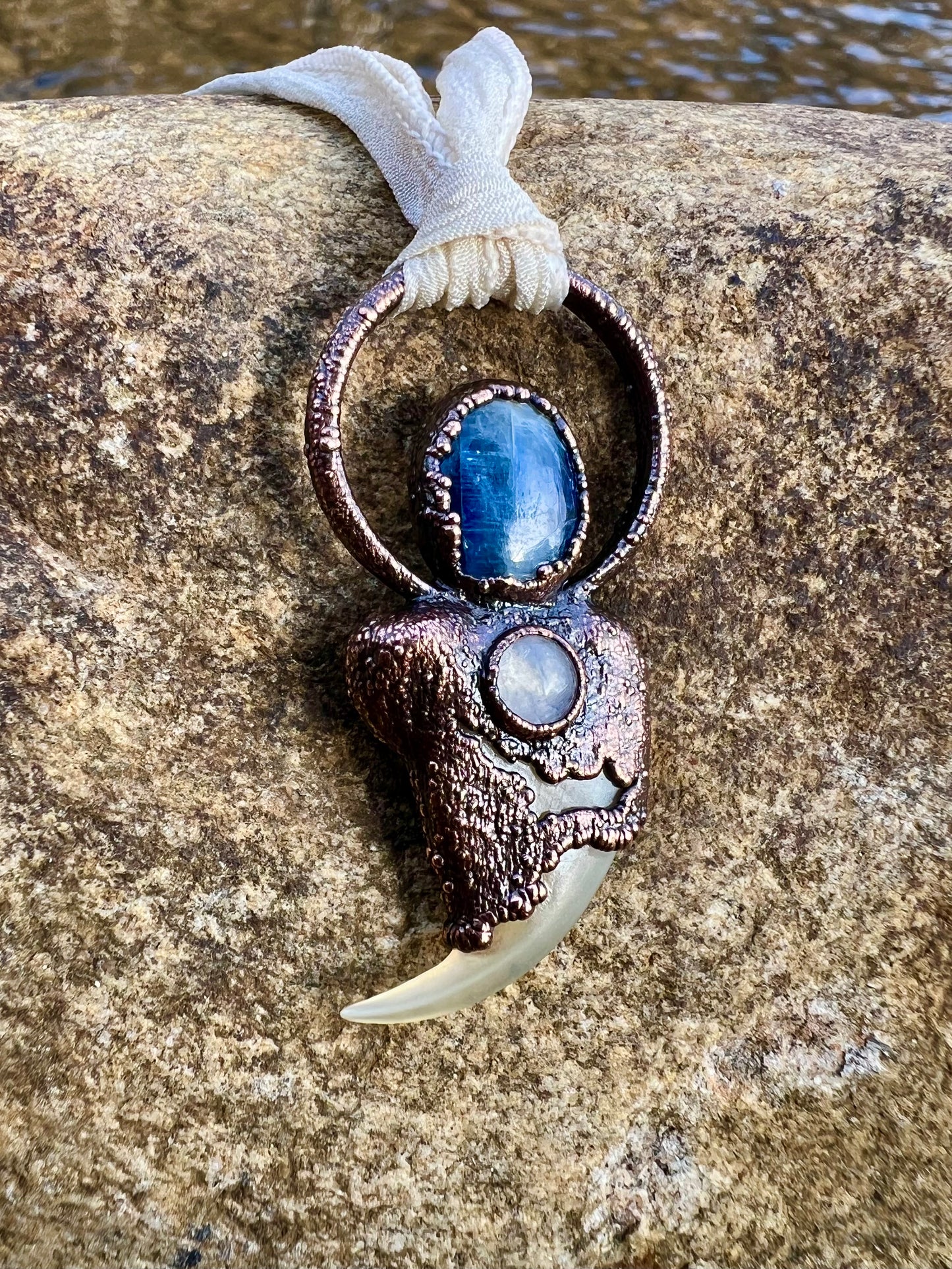 Cougar Claw with Blue Kyanite and Rainbow Moonstone - Copper Electroformed Necklace