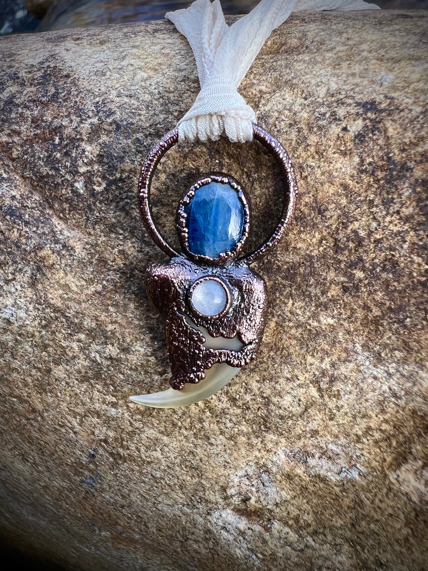 Cougar Claw with Blue Kyanite and Rainbow Moonstone - Copper Electroformed Necklace
